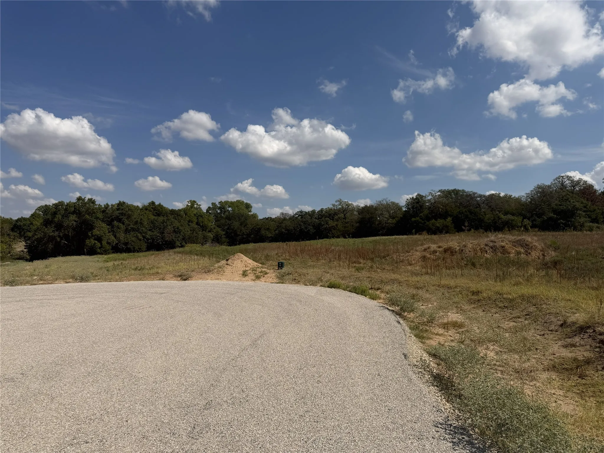 Paved cul-de-sac with natural terrain and distant mature trees