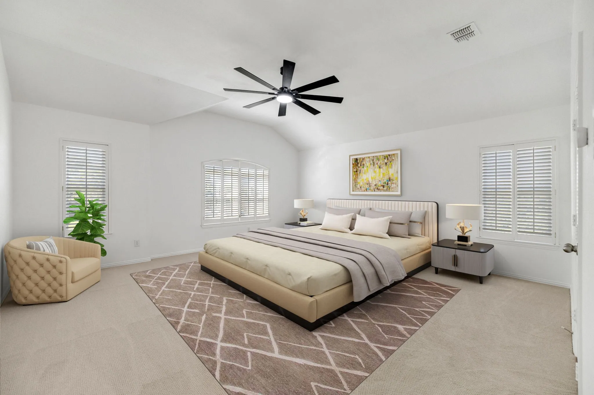 Vaulted ceiling with a contemporary ceiling fan, dual windows featuring plantation shutters, neutral-toned carpet flooring, and a white interior door