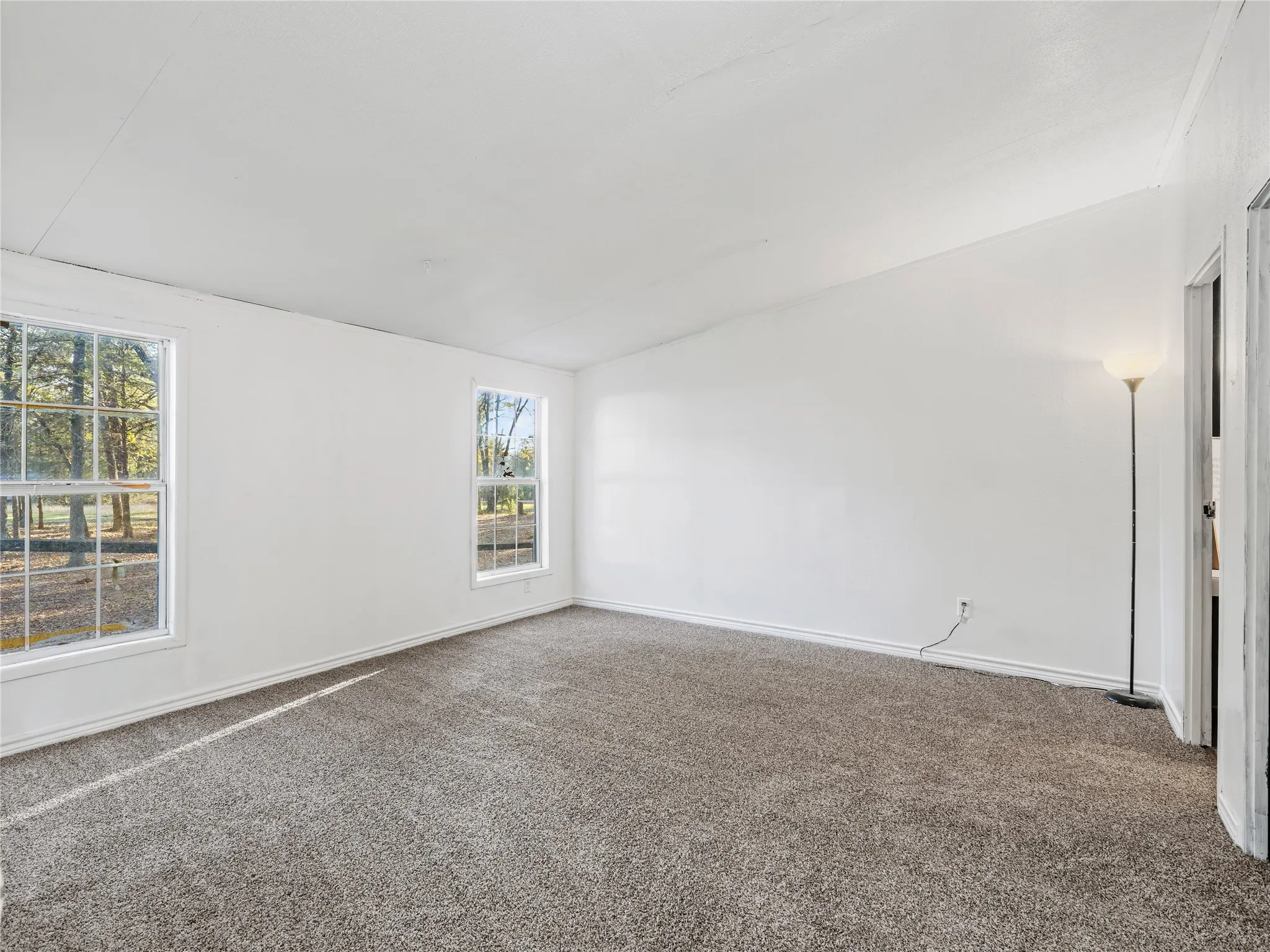 Neutral-toned carpet flooring and white walls