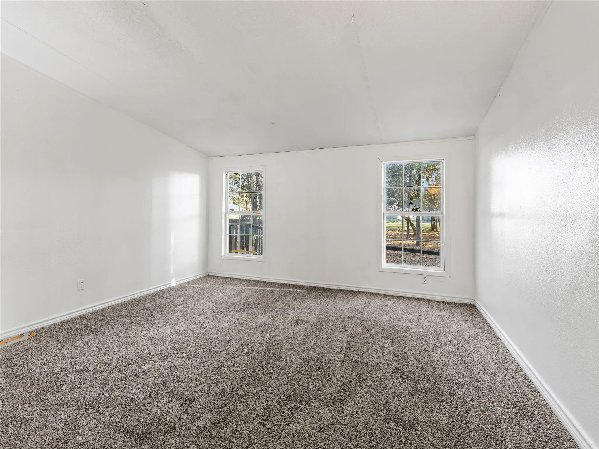 Light-filled interior featuring two windows, neutral wall finishes, and gray carpeting