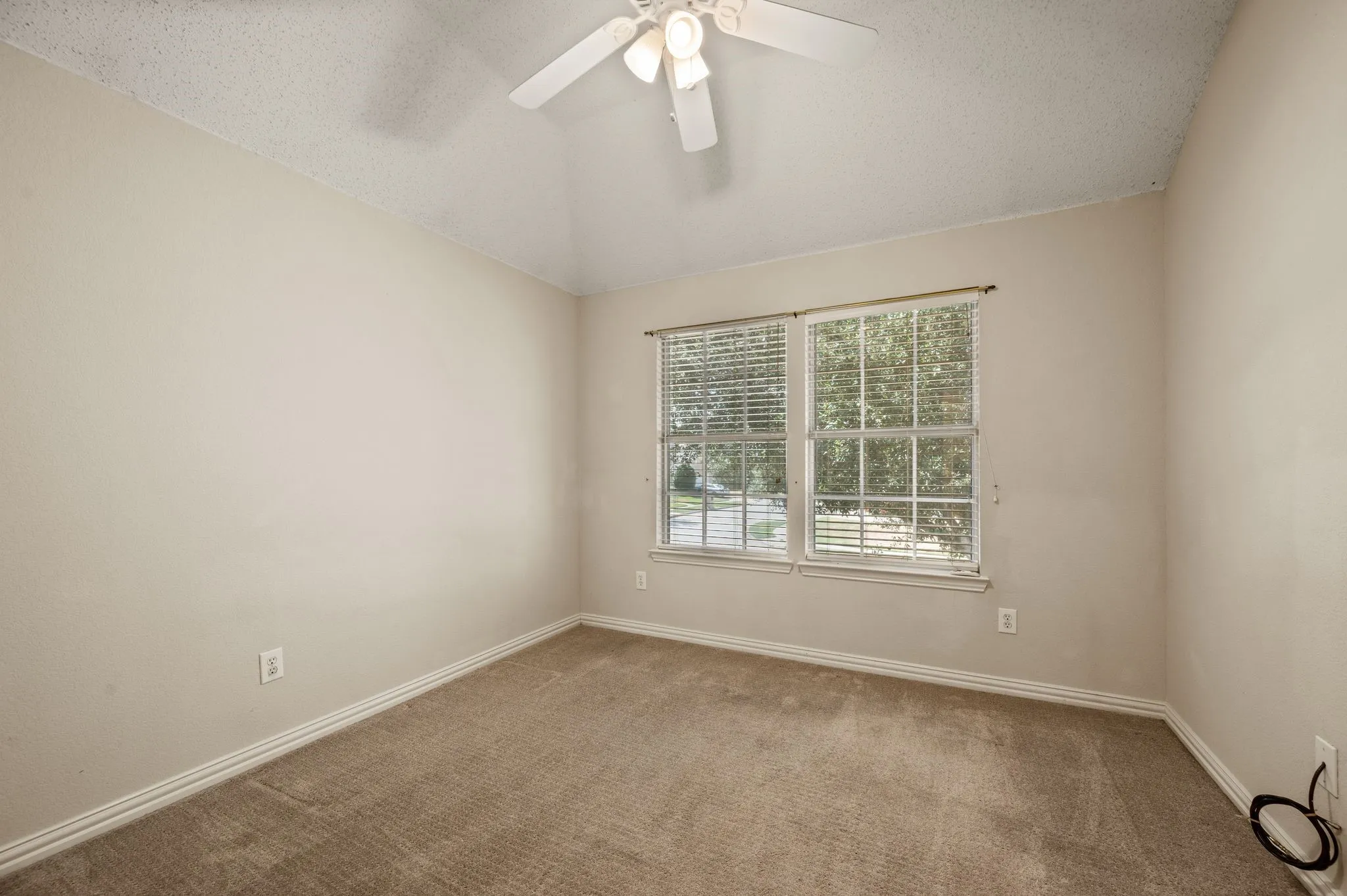 Carpeted flooring with painted walls, a textured ceiling, a ceiling fan with light fixture, and two windows
