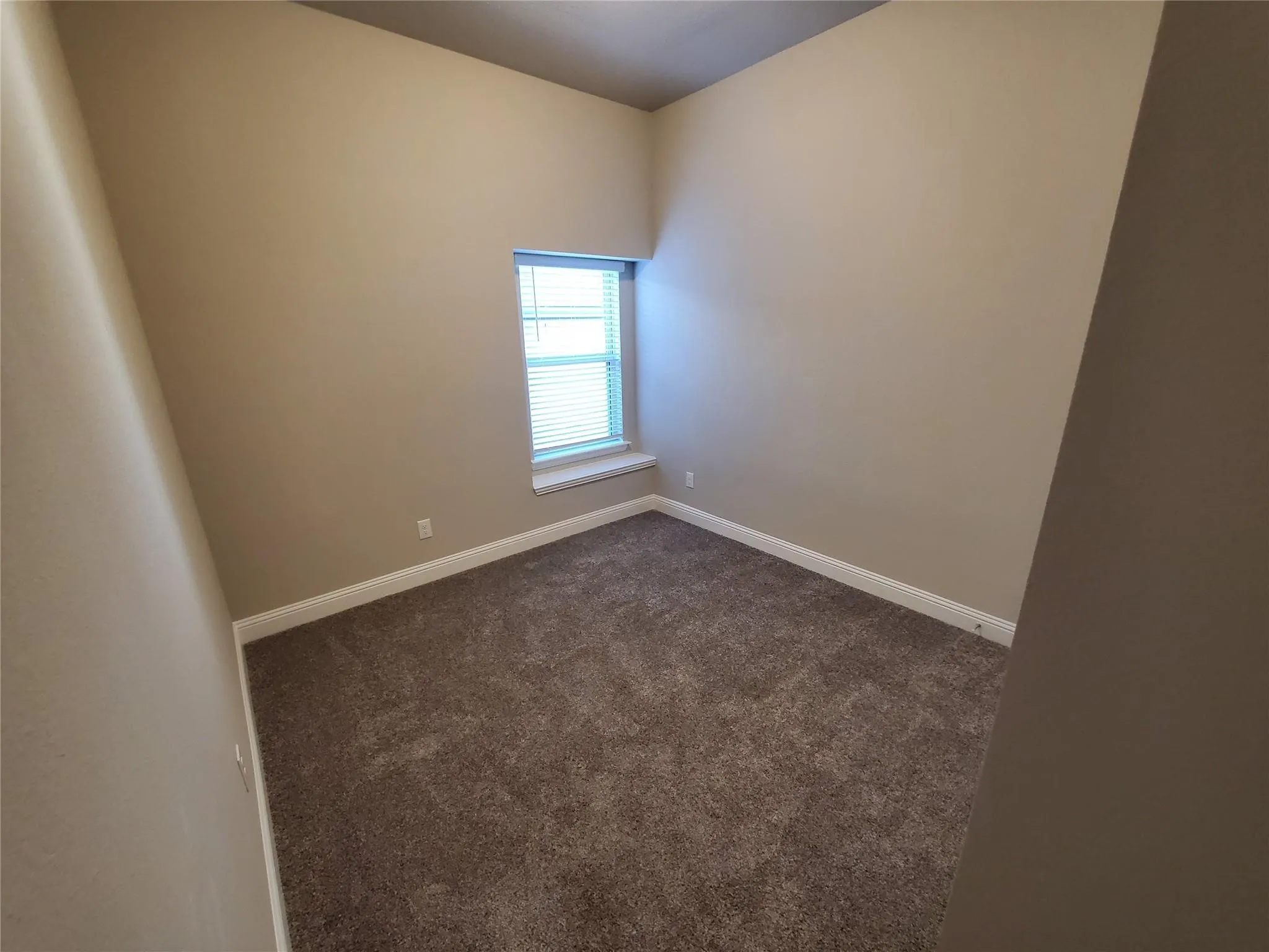Carpeted room featuring a single window with blinds and neutral-toned walls