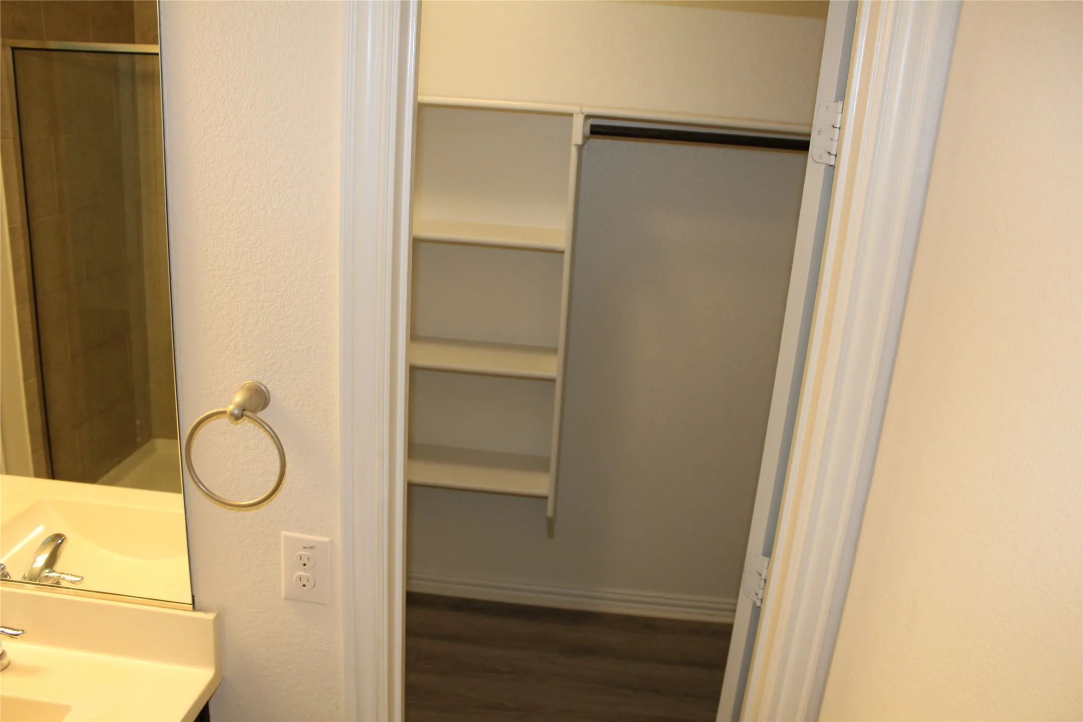 Built-in closet shelving, hanging rod, wood-finish flooring, vanity with integrated sink, and a framed mirror