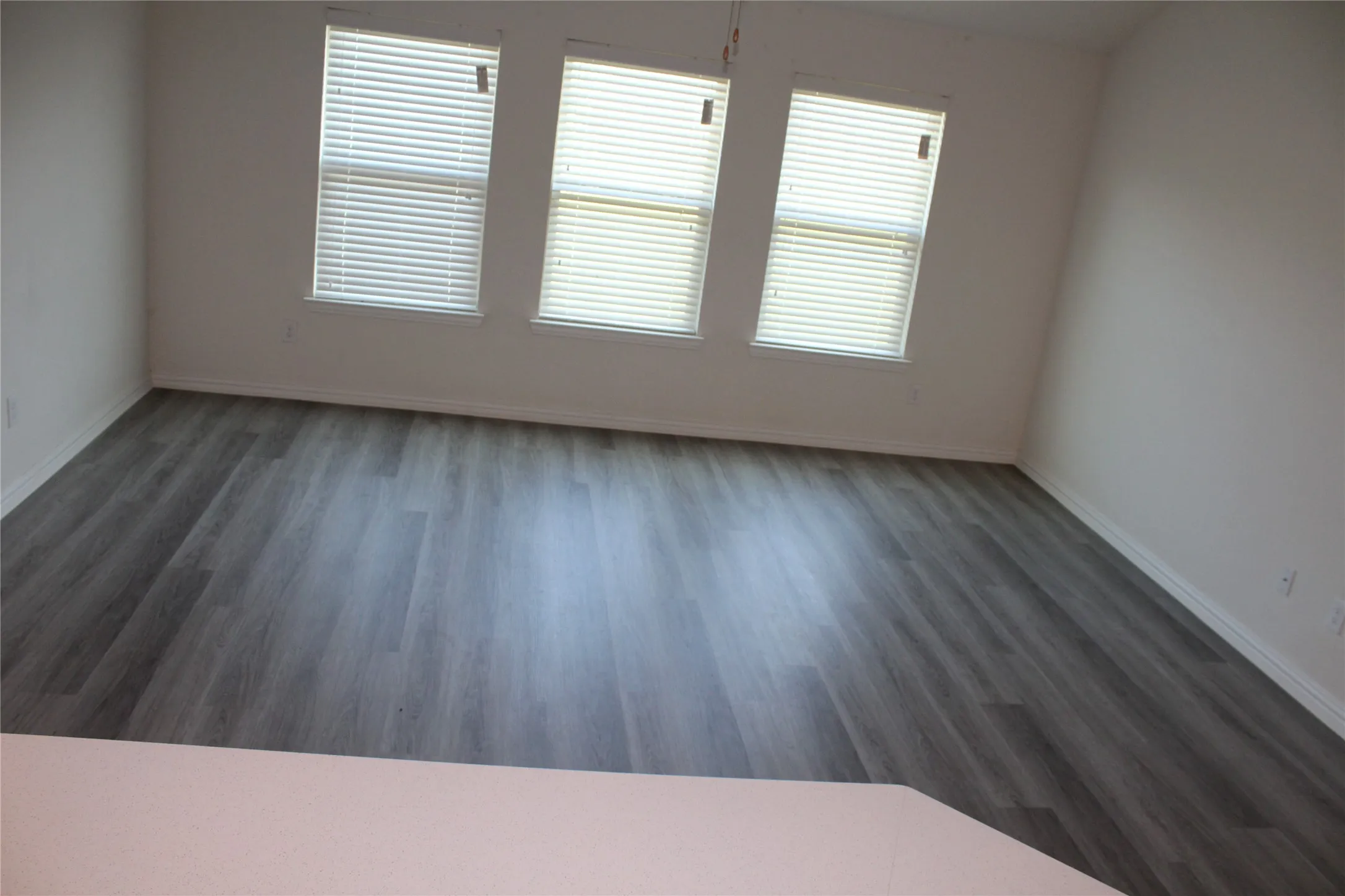 Three windows with horizontal blinds, wood-finish flooring, and light-toned walls