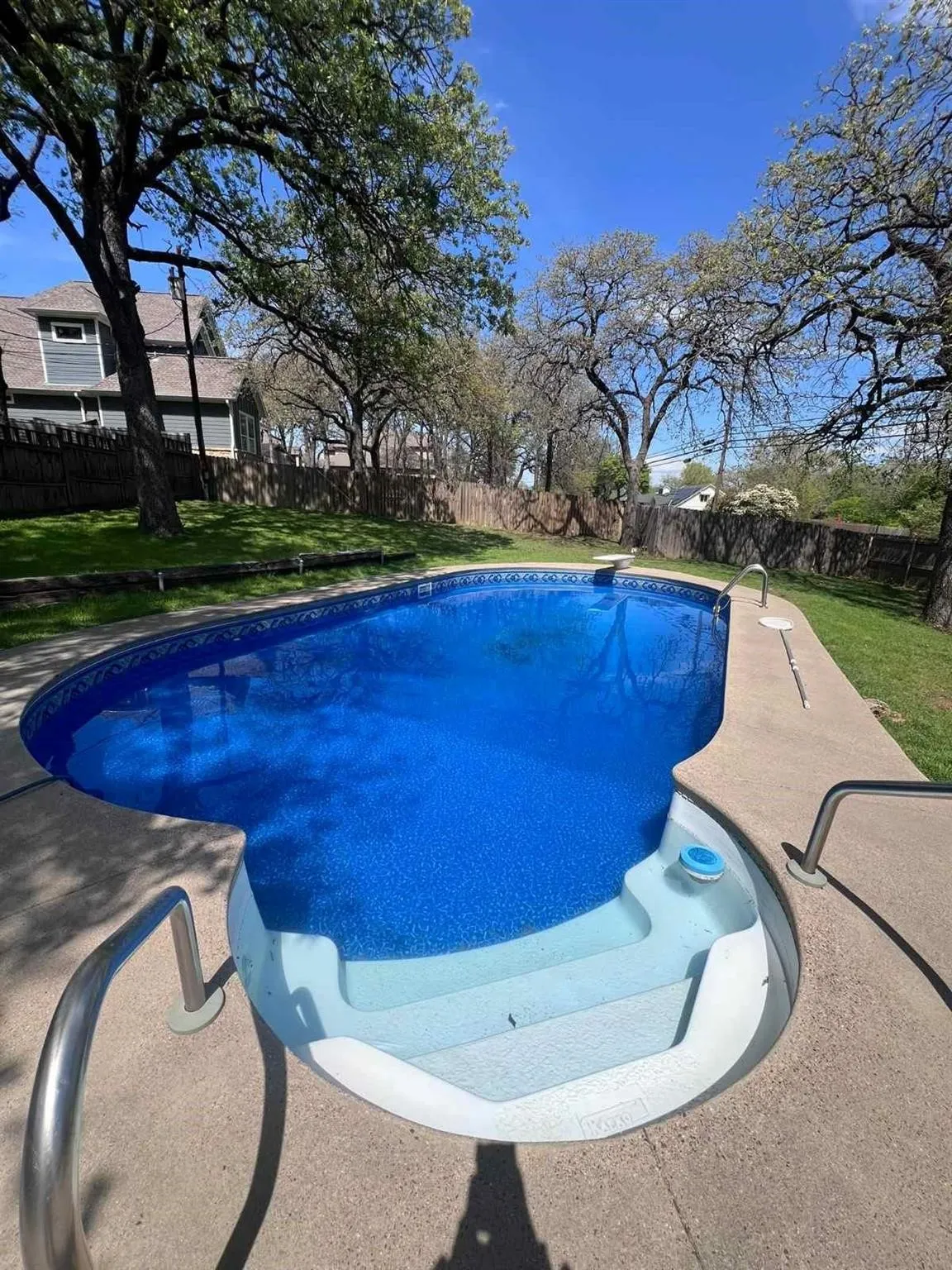 Spacious backyard featuring a kidney-shaped swimming pool with concrete decking, integrated steps, and stainless steel handrails