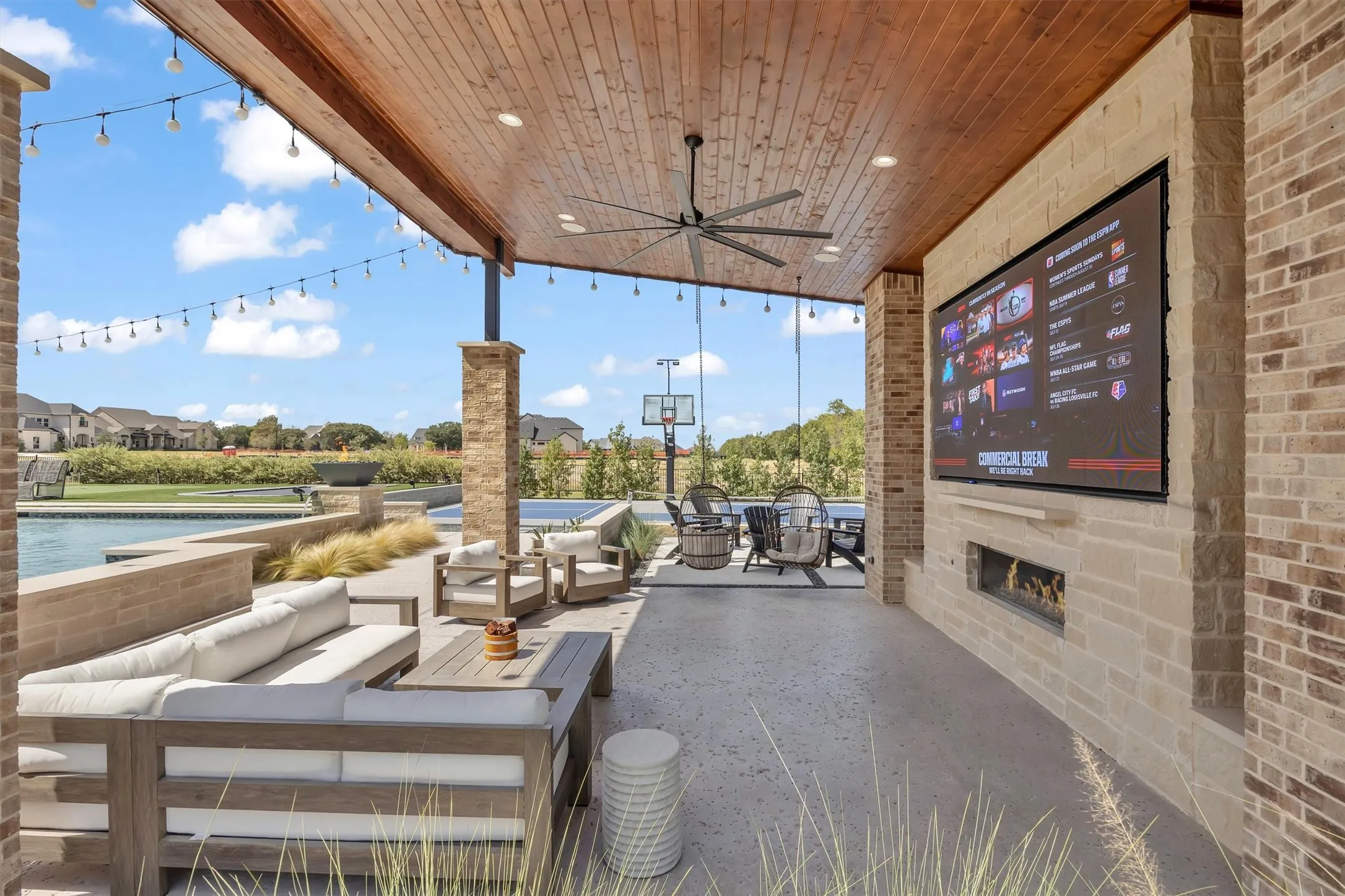 140" LED TV will remain with the sports lounge. The fireplace features color changing flames to fit the mood!