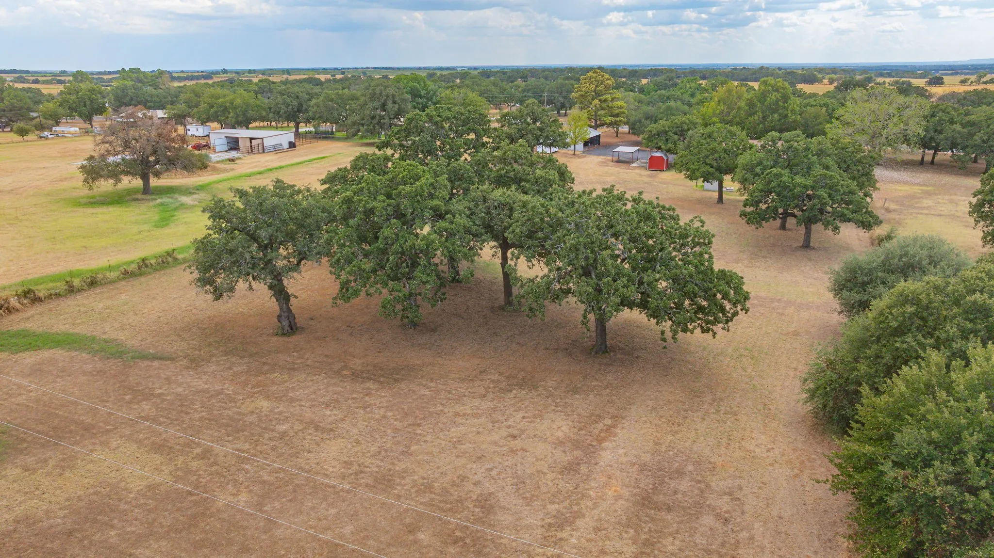 Expansive acreage featuring mature trees, open fields, and outbuildings