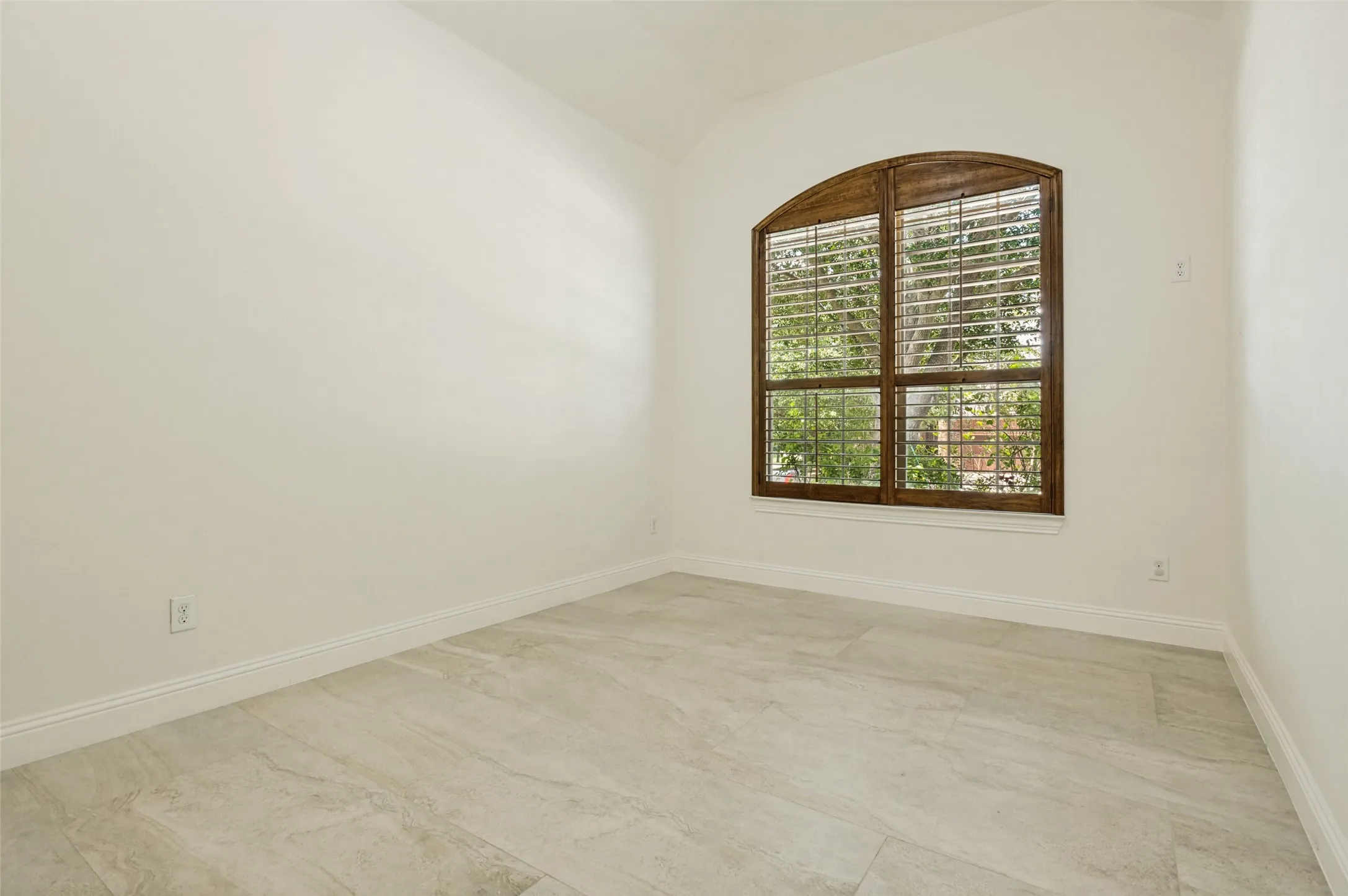 Arched window with dark wood framing and louvered shutters