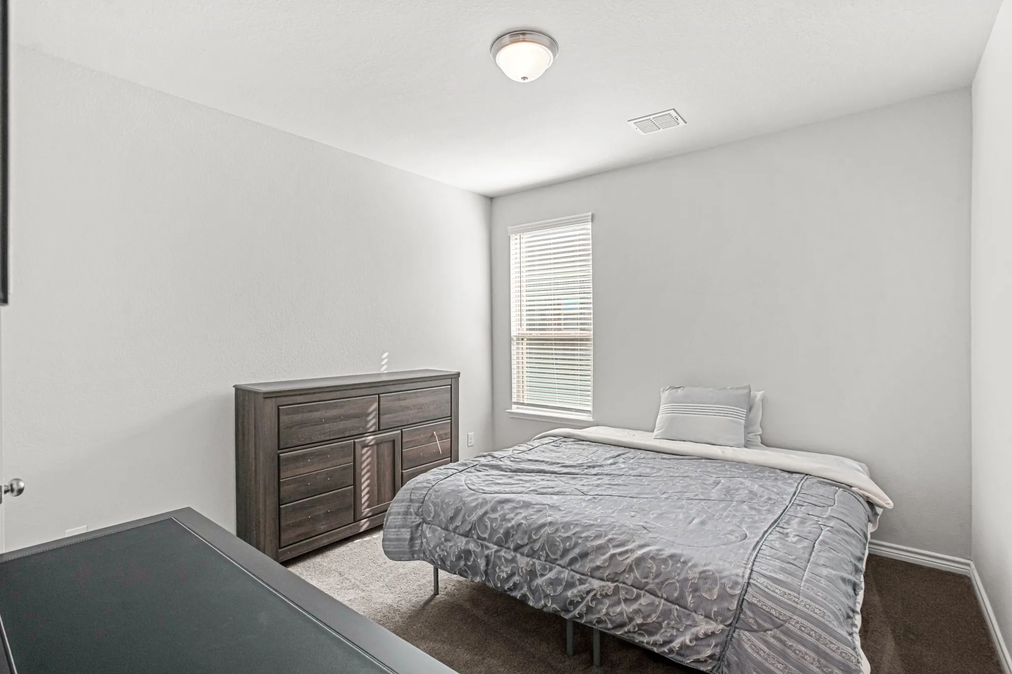 Neutral wall paint, window with horizontal blinds, ceiling-mounted light fixture, and carpeted flooring