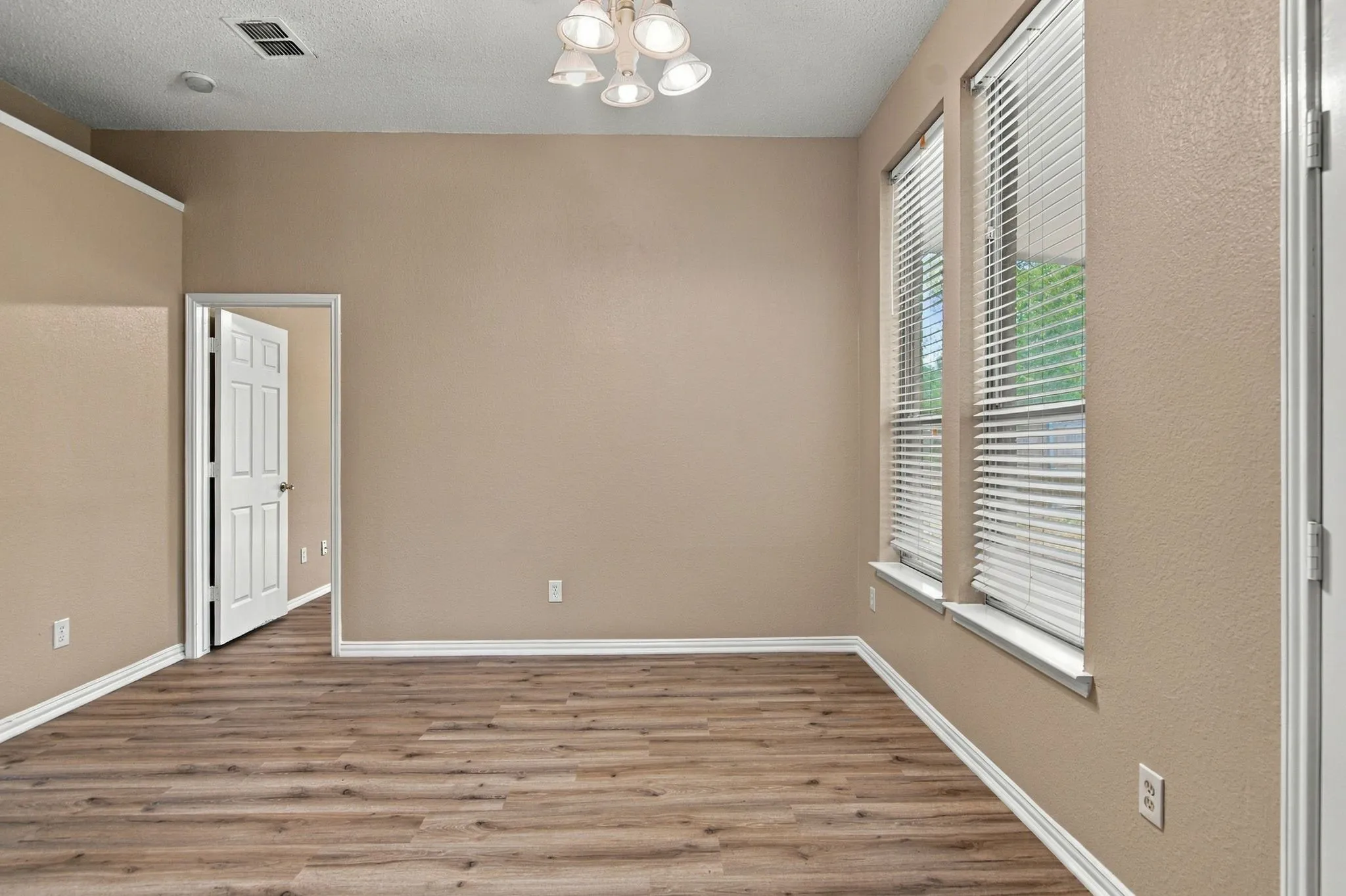 Wood-finish flooring throughout, two windows with blinds, built-in ceiling light fixture, and a paneled interior door
