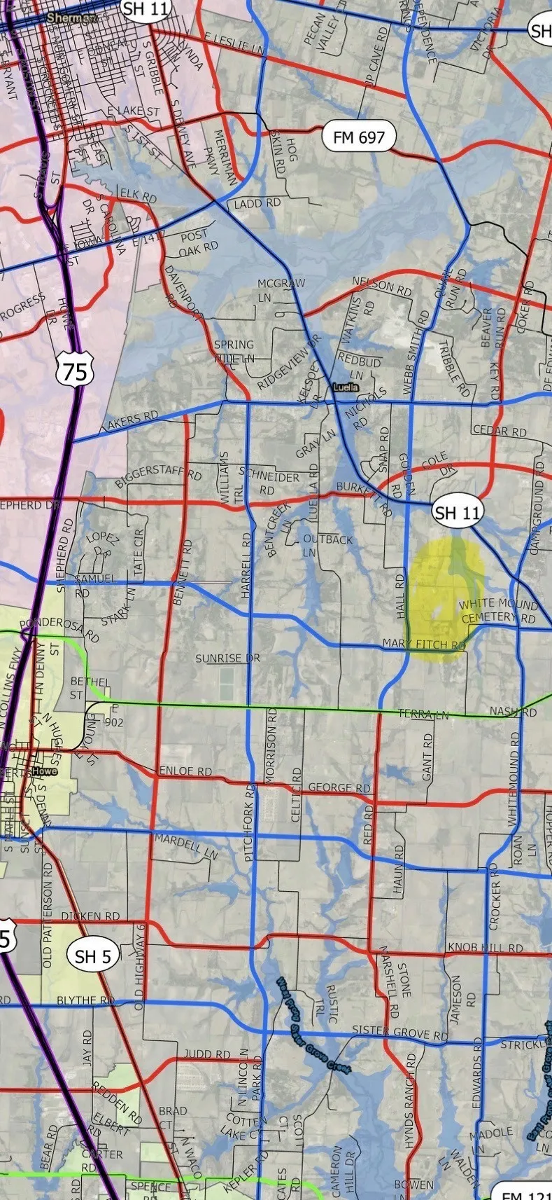 Property (highlighted in yellow) has frontage along what is shown to be a major arterial across the County, according to the Grayson County 2024 thoroughfare plan.