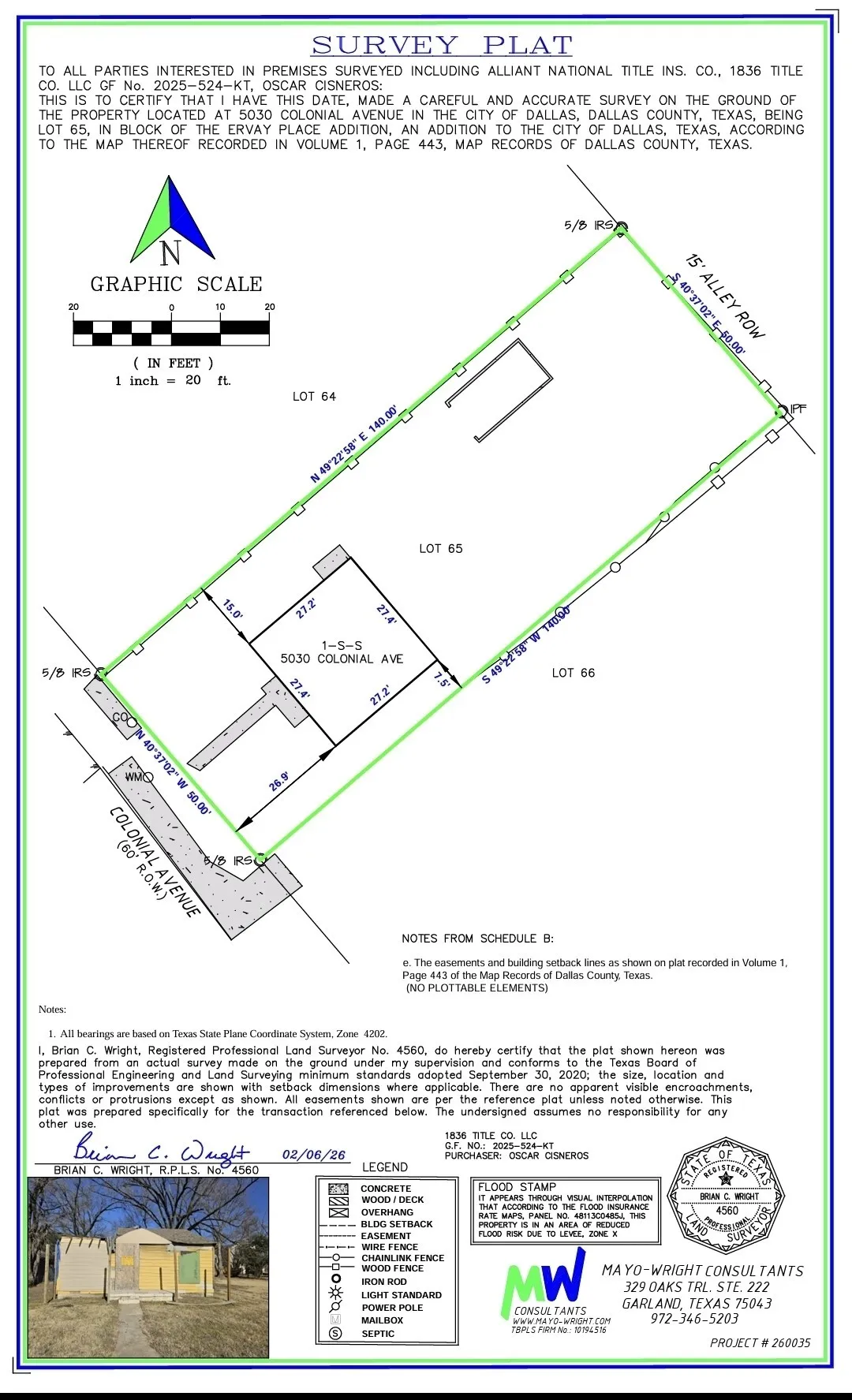 Survey Plat. Detailing the surveyed boundaries and features of the property located at 5030 Colonial Avenue