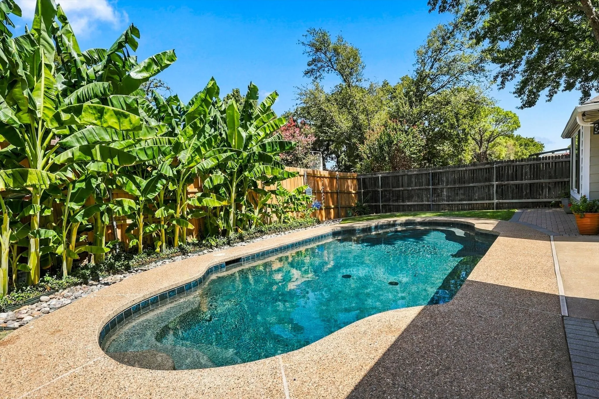 Irregular-shaped swimming pool with a tile border, exposed aggregate concrete decking, and mature tropical foliage