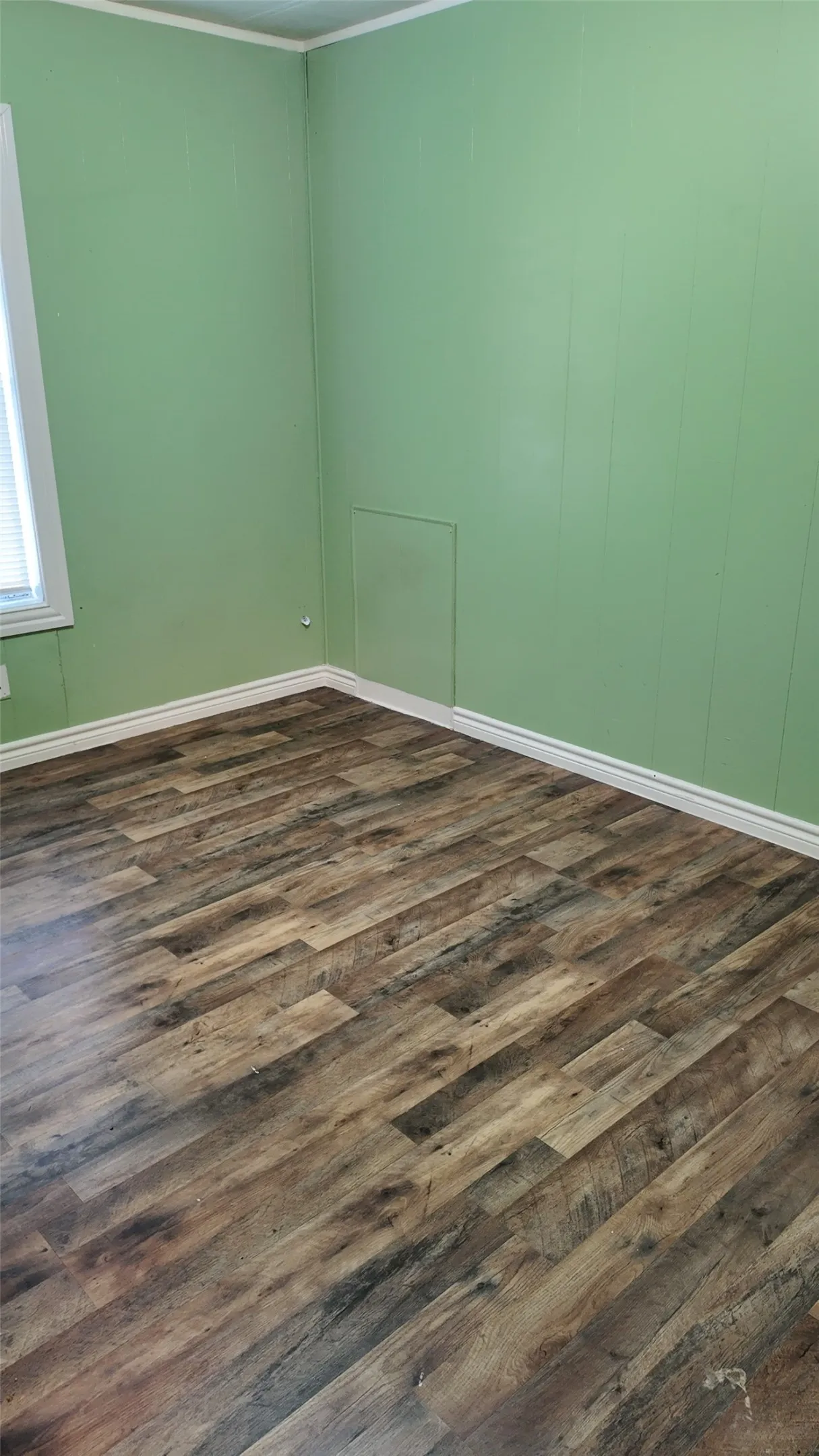 Wood-finish flooring with varying tones, light green wall paneling, and white trim