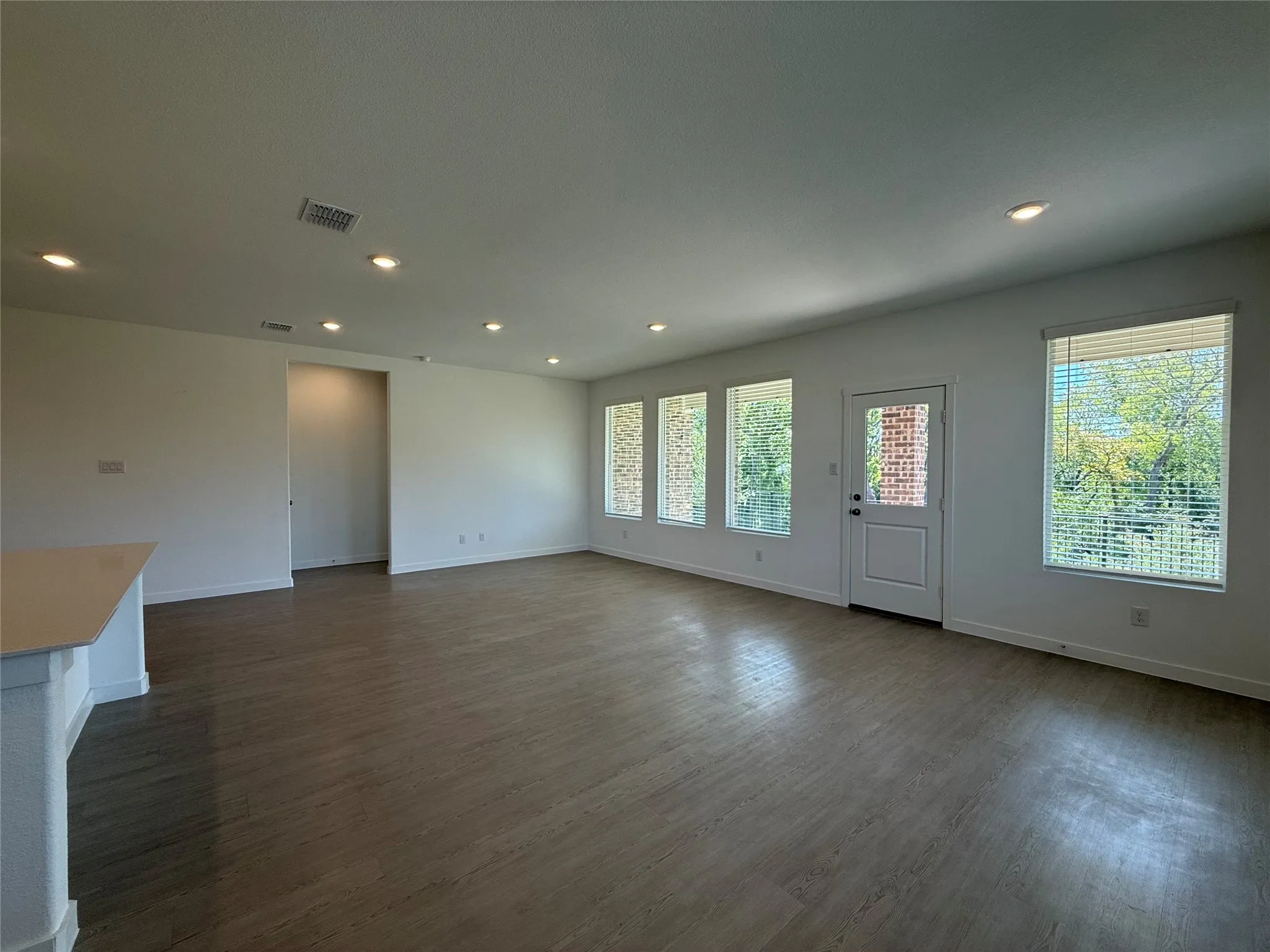 Open-concept living space with wood-finish flooring, recessed lighting, multiple windows with blinds, and a white paneled door with an integrated window