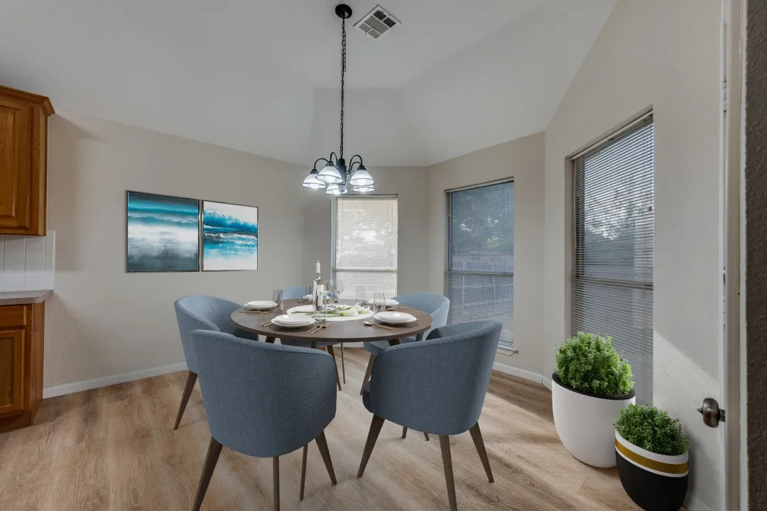 Virtually staged breakfast area.