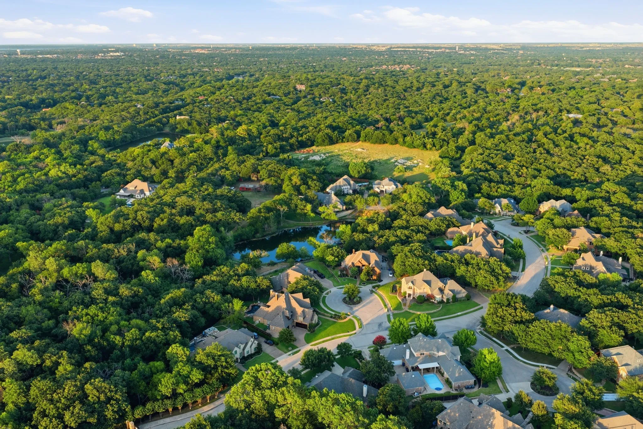 A beautiful aerial perspective showcases the neighborhood’s established setting, where distinctive homes are nestled among an impressive canopy of mature trees, creating a sense of privacy and connection to nature.