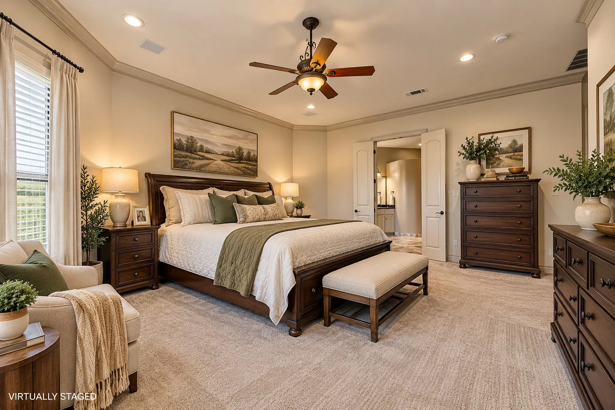 Virtually staged with modern transitional  furniture. Plush carpet flooring, recessed lighting, ceiling fan, crown molding, and double doors