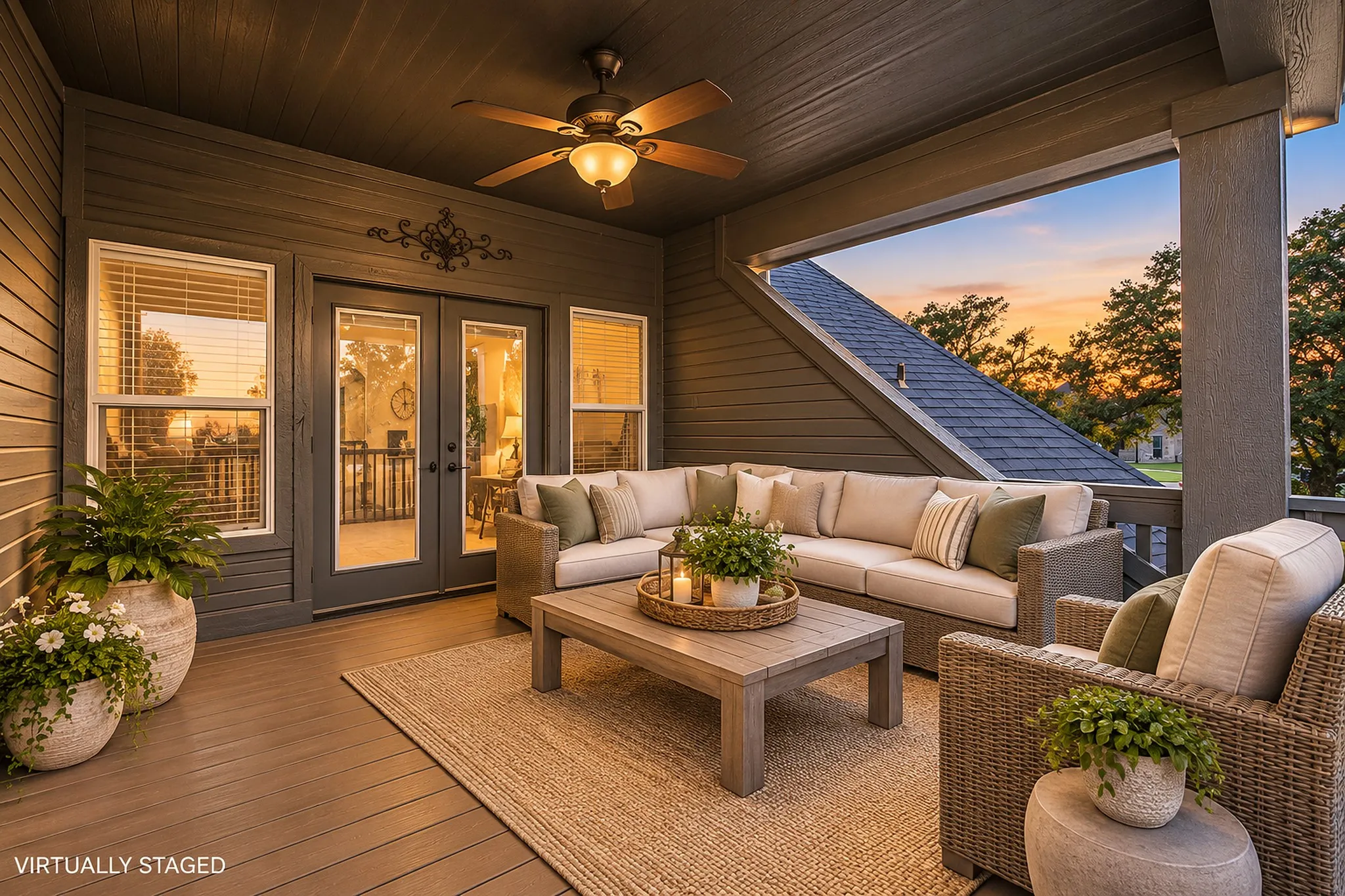 Virtually staged with modern transitional  furniture. Second story covered outdoor patio with a ceiling fan, plank flooring, and double glass doors