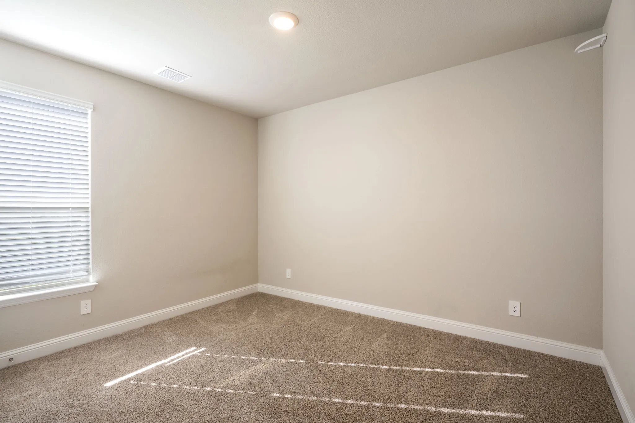 Recessed ceiling light, neutral wall color, window with blinds, and carpeting