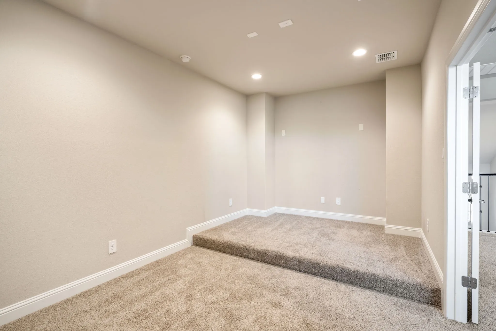 Recessed lighting, neutral wall paint, light-toned carpet flooring, tiered floor design, and white trim
