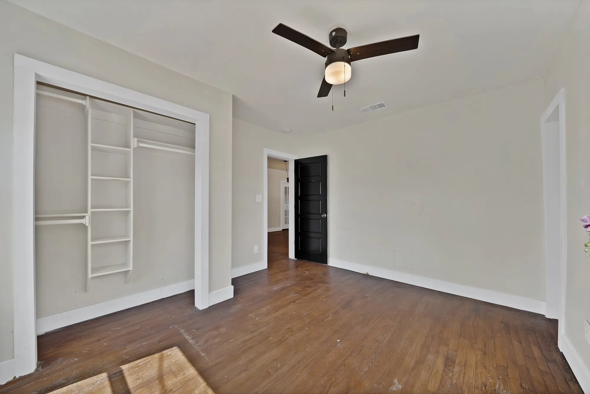 Bedroom: Reach-in closet with built-in organizer, double hanging rods, and open shelving. Black paneled interior door, ceiling fan with light, and hardwood floors.