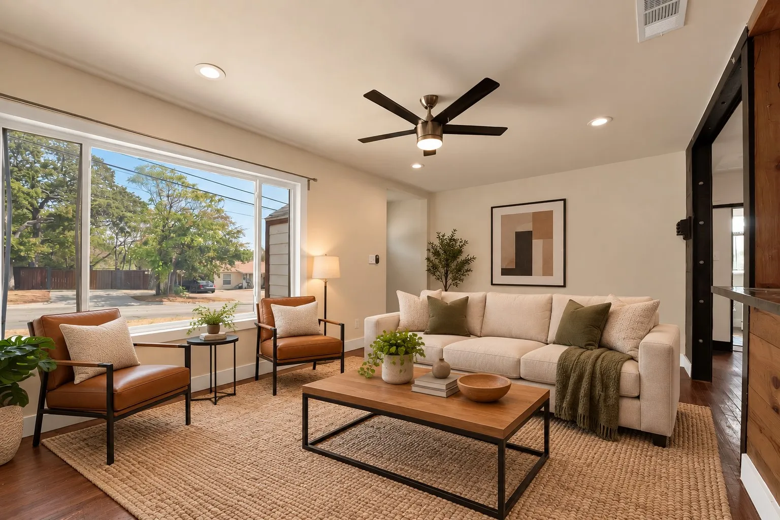 virtually staged Living room: Oversized picture window with natural light, recessed lighting, and ceiling fan with light kit. Hardwood floors and dark timber post framing open to the dining area in this open floor plan.