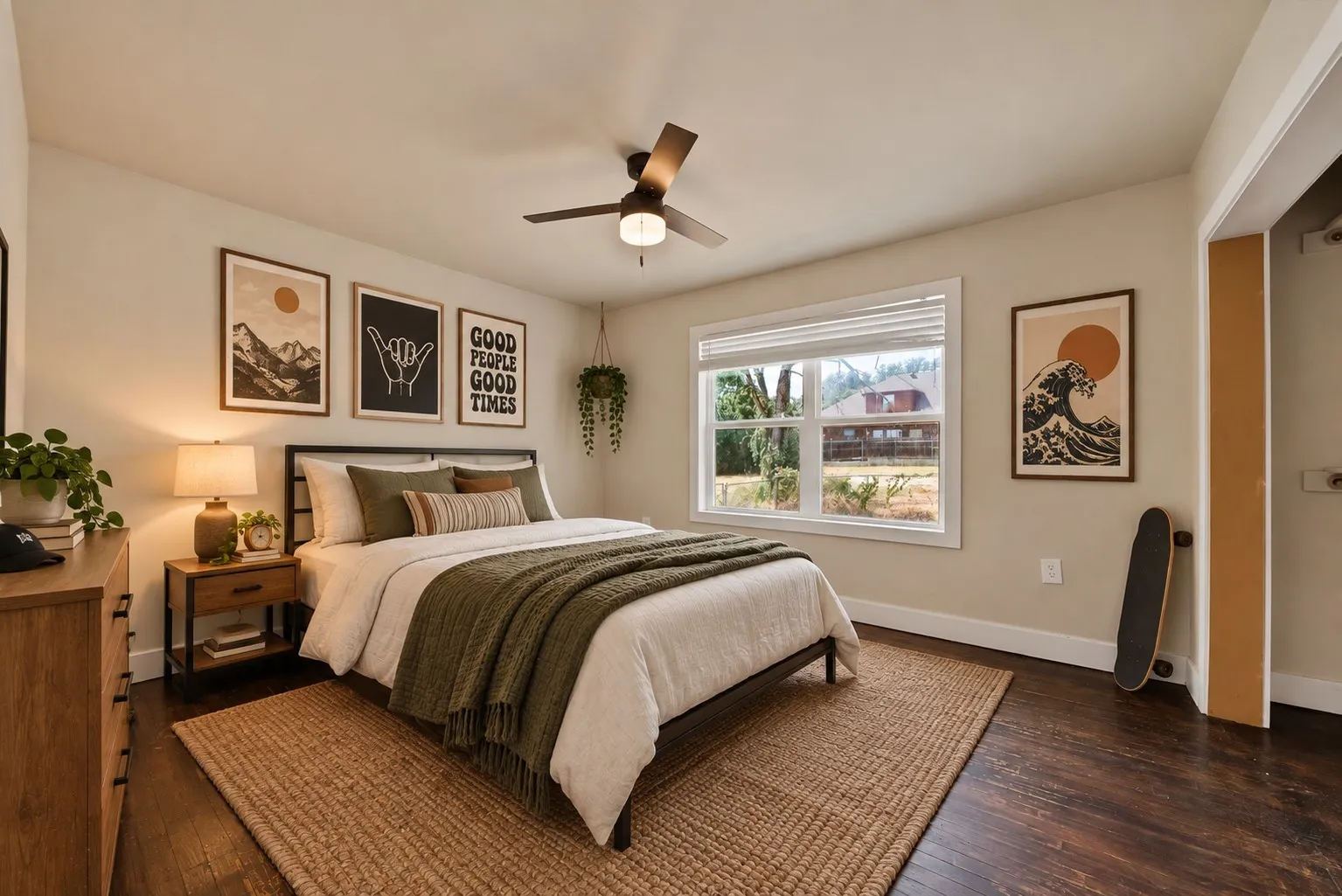 virtually staged Bedroom: Double window with blinds, ceiling fan with light, and hardwood floors. Neutral paint and white baseboards throughout.