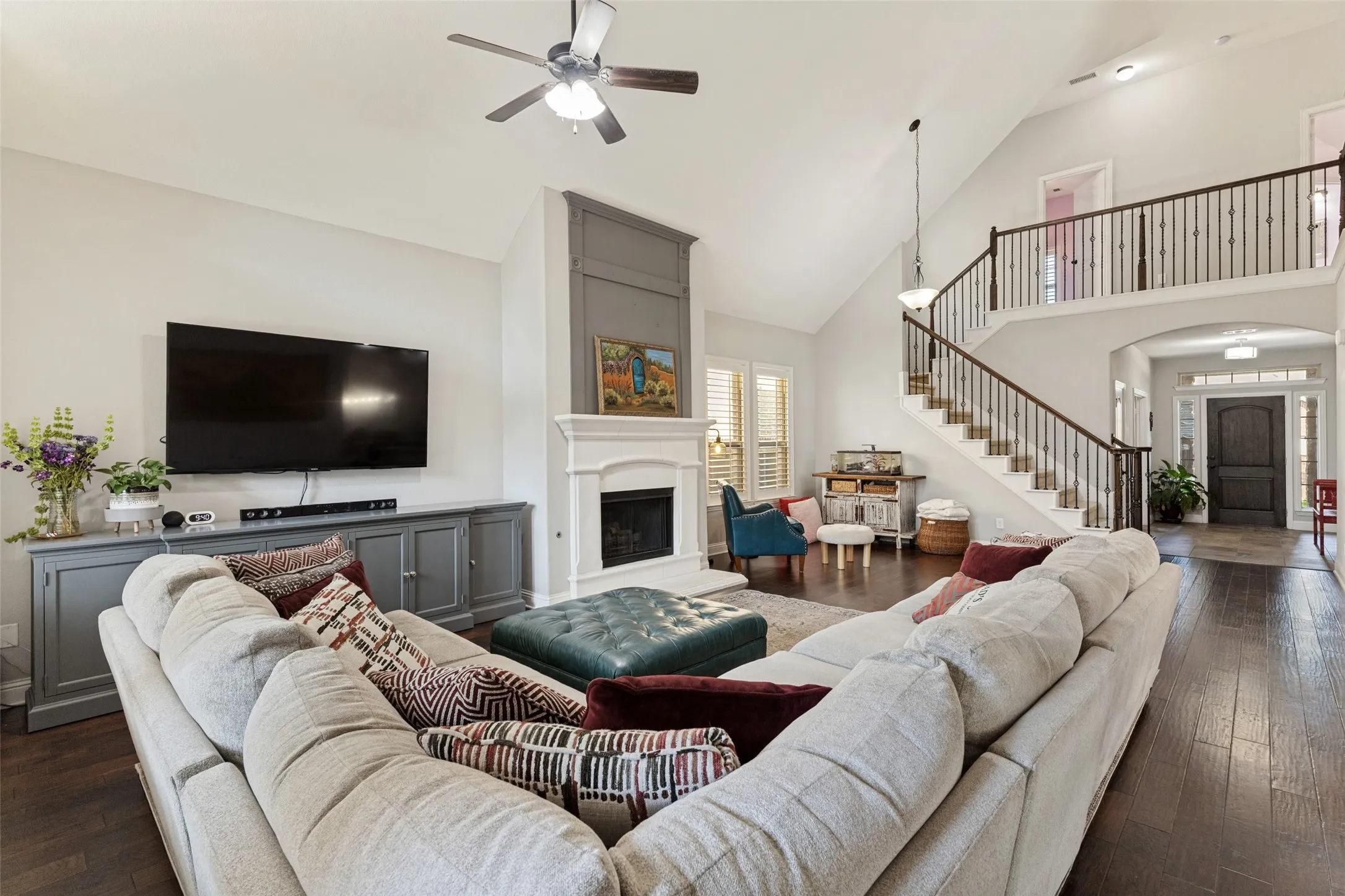 Living room with view of staircase