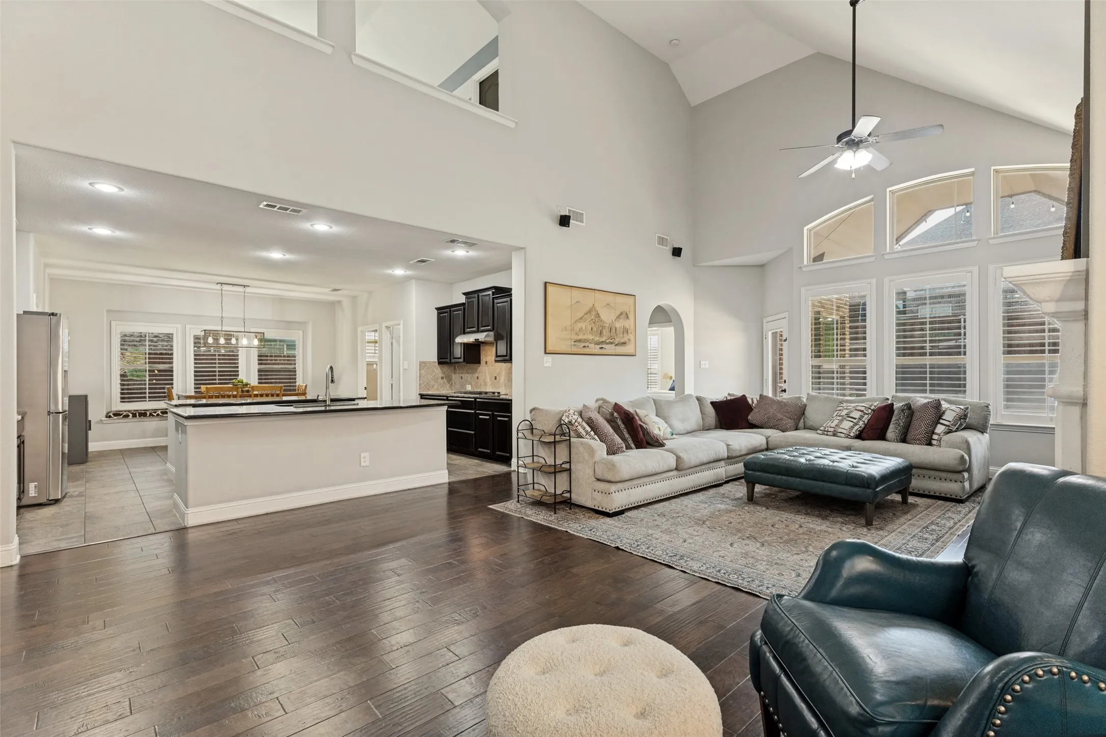 Living room with view of kitchen