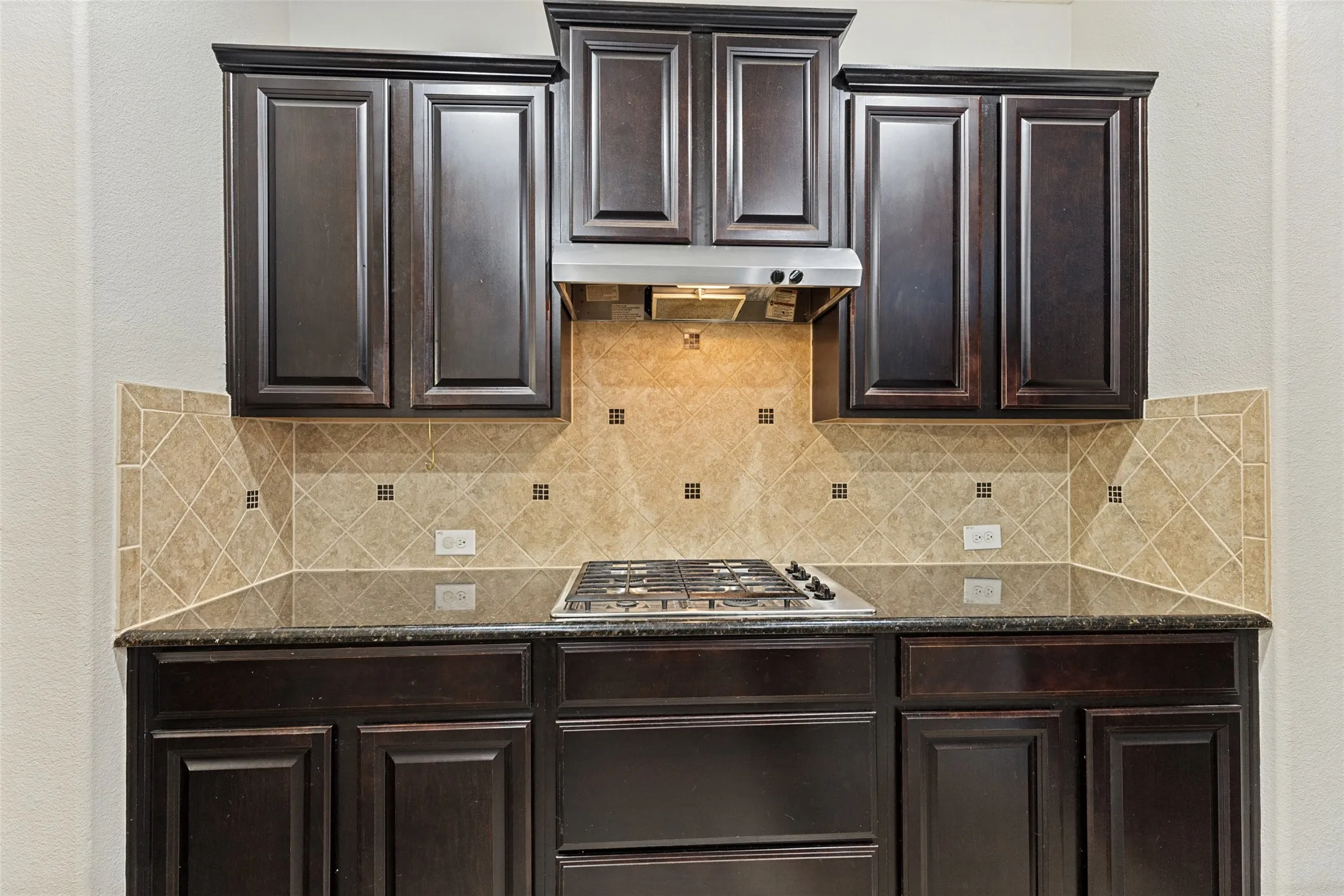 Stove top with vented exhaust hood and extra counter space.