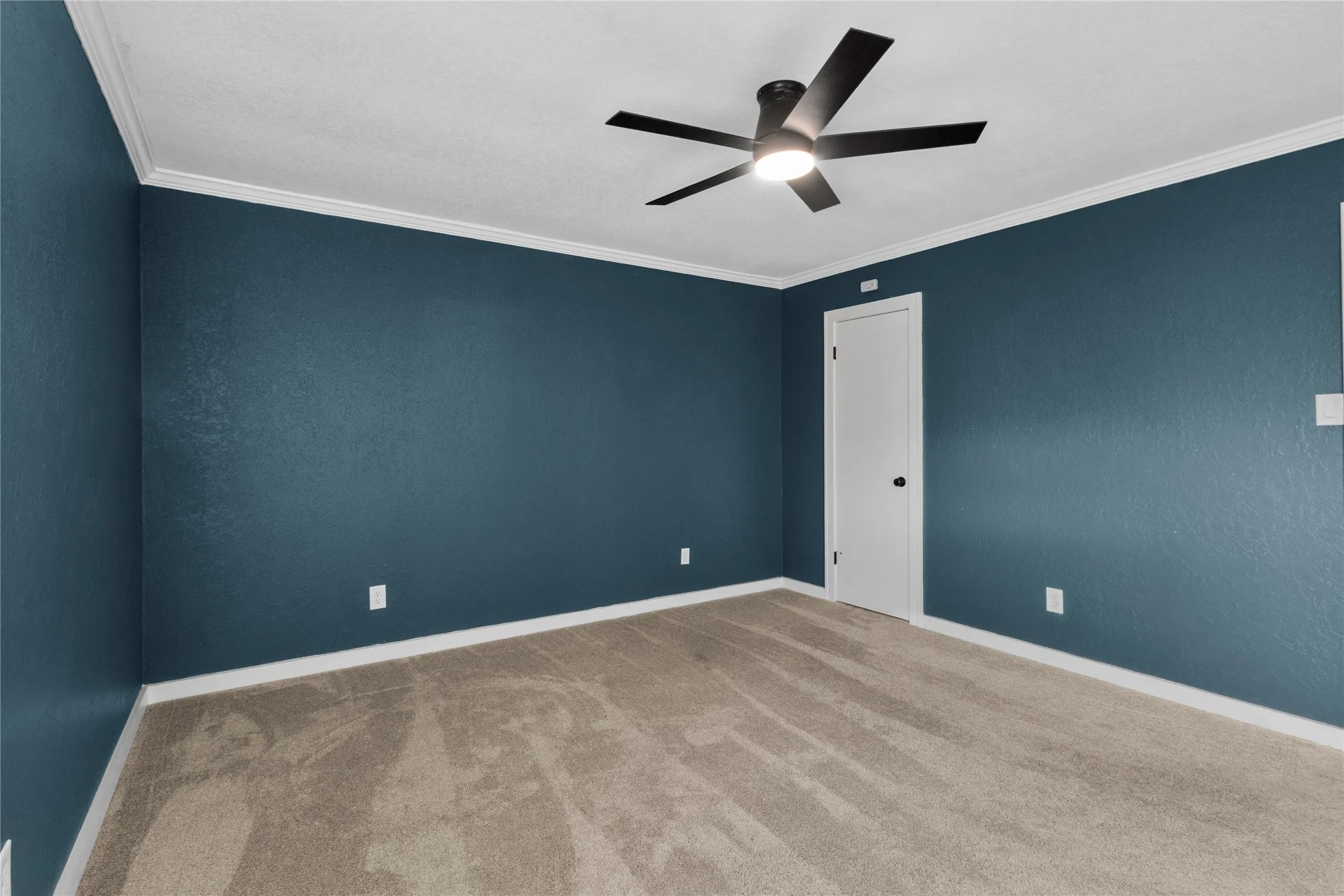 Wall-to-wall carpeting, crown molding, white trim, and a ceiling fan with integrated lighting