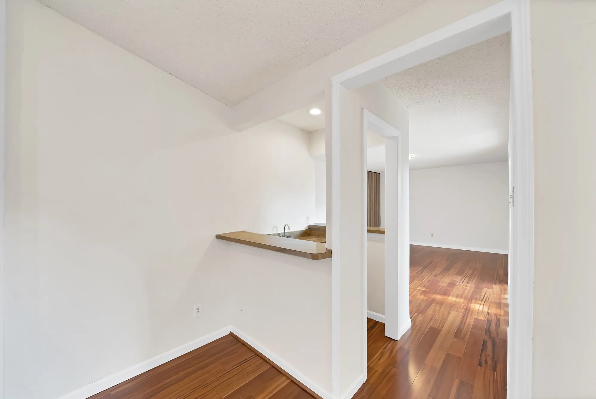 Wood-finish flooring throughout, with a pass-through counter and recessed lighting