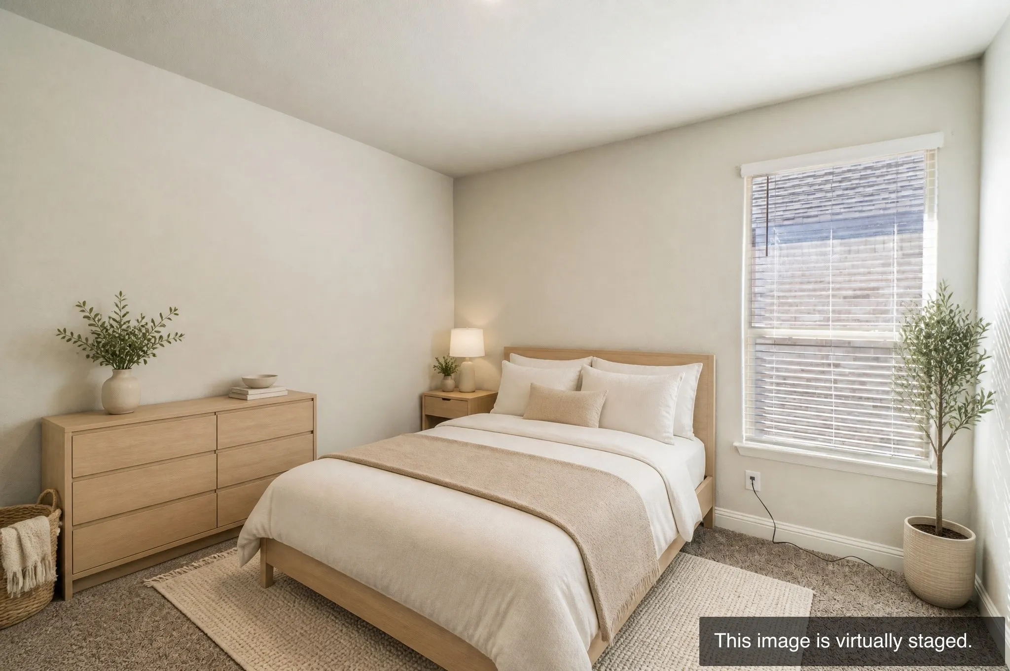 Window with horizontal blinds, neutral wall paint, and carpeted flooring