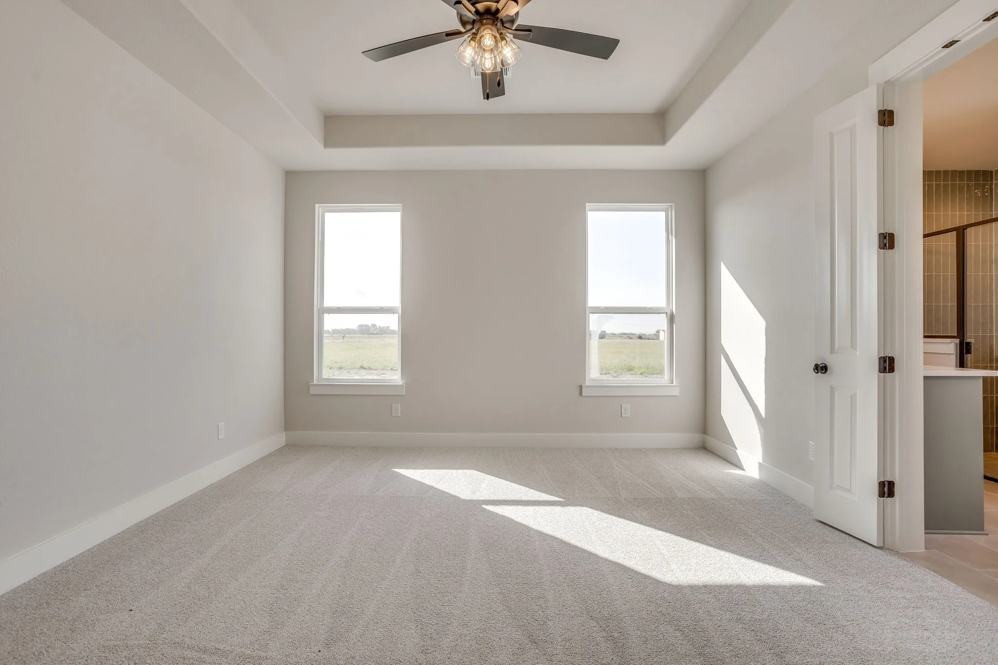 Tray ceiling featuring a contemporary ceiling fan, two double-hung windows, and light-toned carpeting