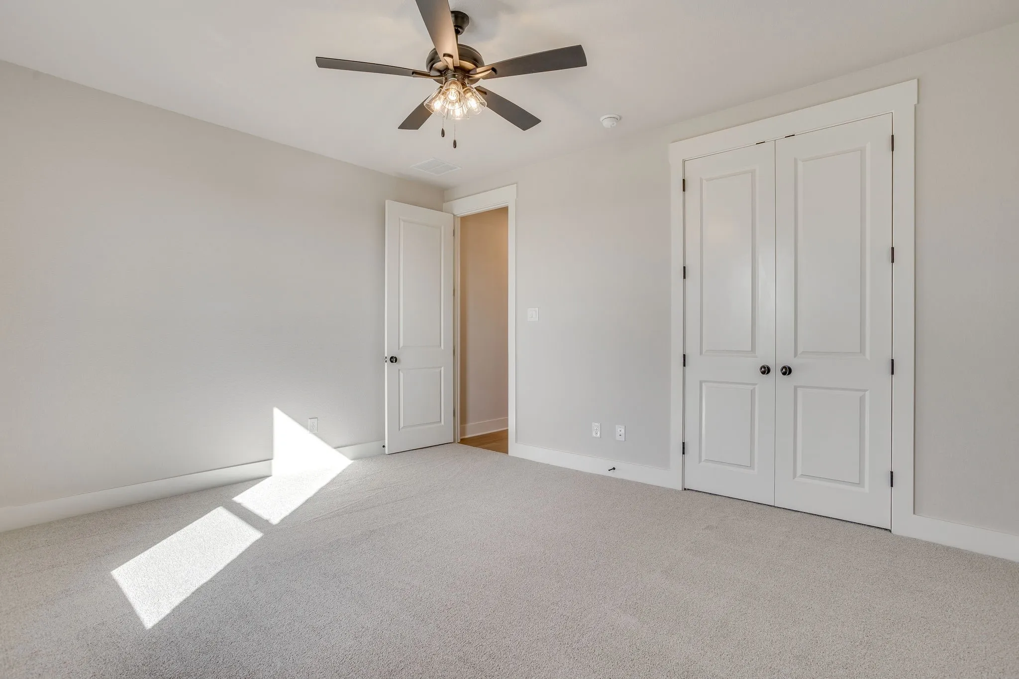 Light gray wall paint, white trim, and light-colored carpeting