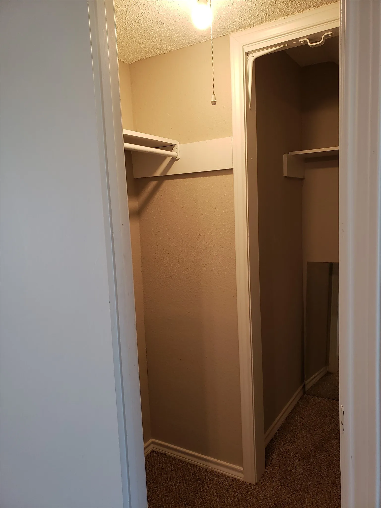 808 - Carpeted downstairs closet, hanging rod and shelf, wraps around under stairs.