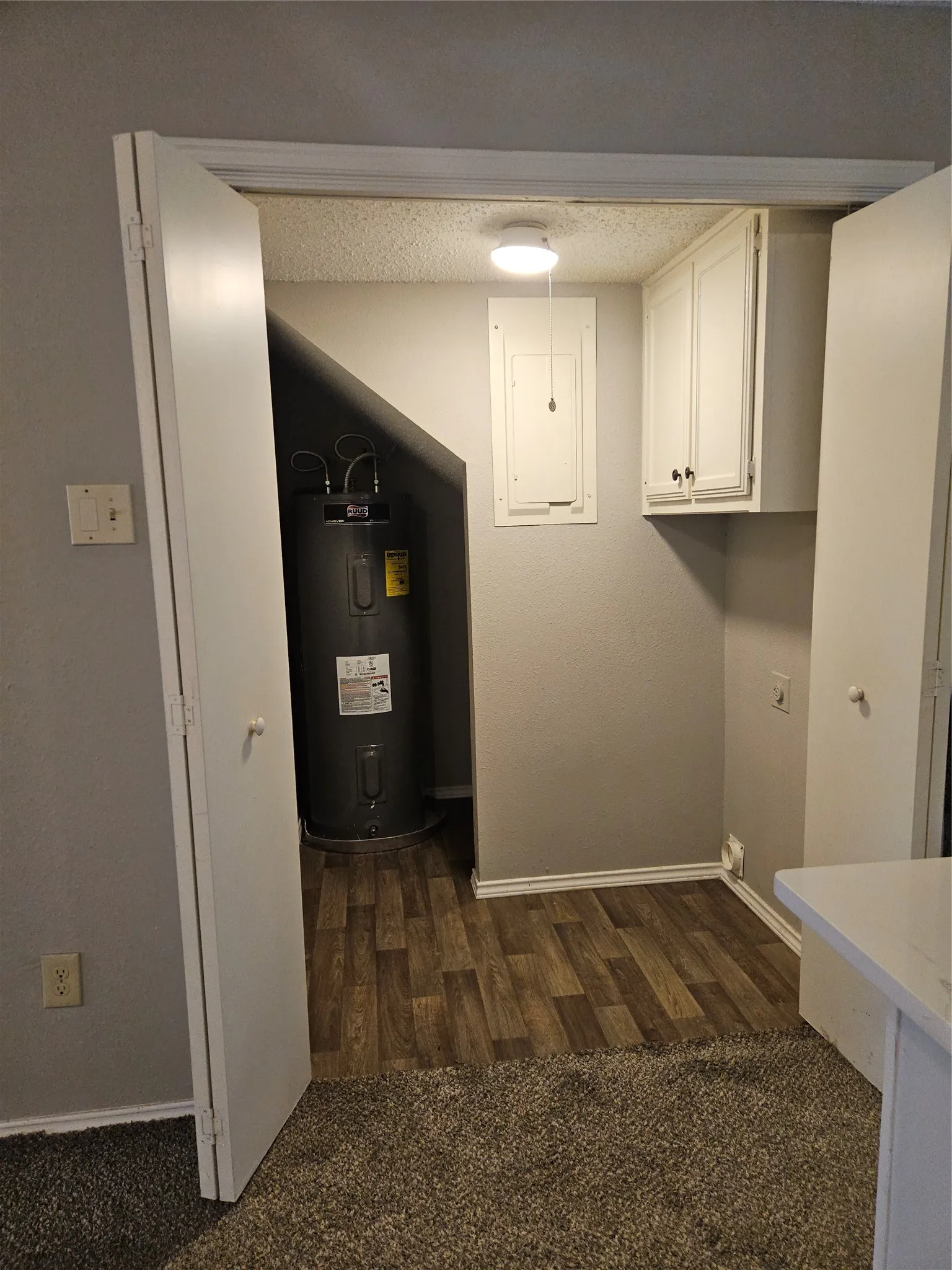 810 - Doors open to show area for full-sized washer and dryer, with electric waterheater behind.