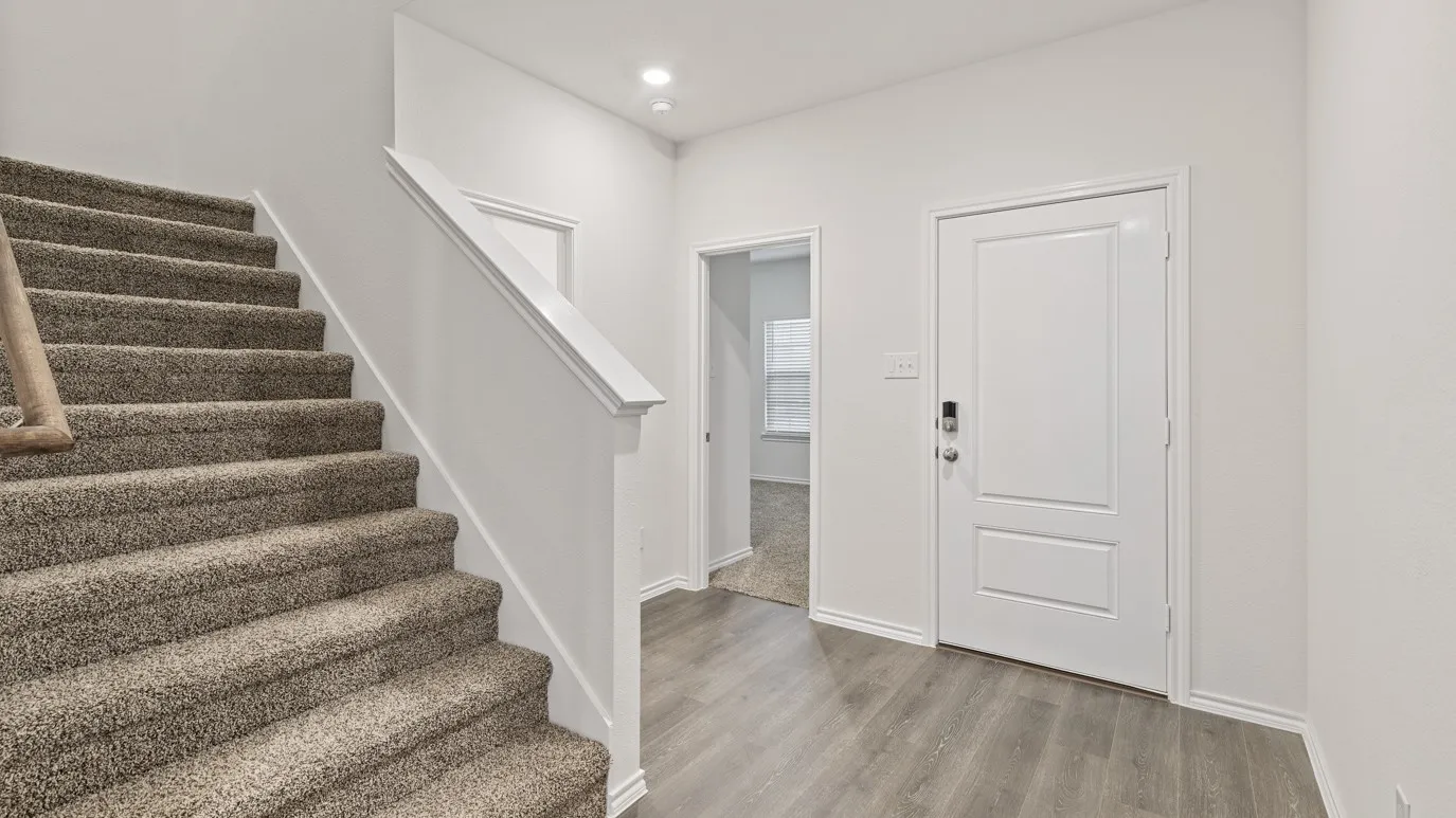 Carpeted staircase with white railing, wood-finish flooring, and white interior doors