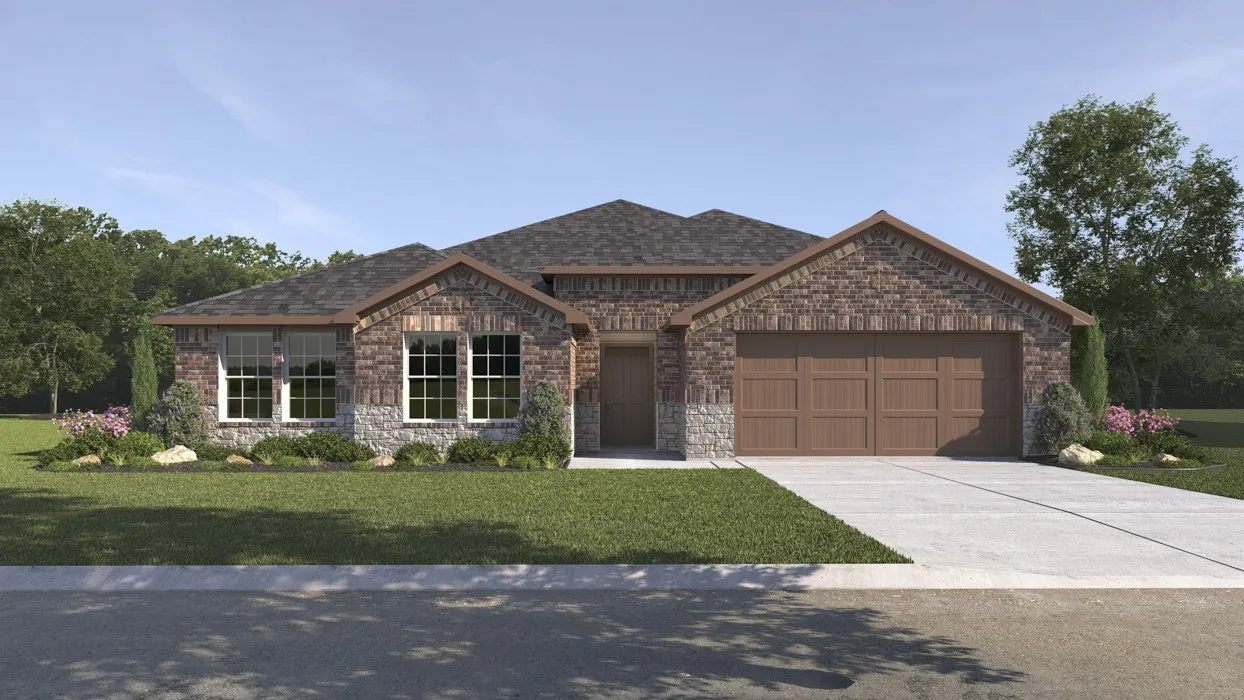Stone and brick exterior featuring a multi-car garage, pitched roof, and manicured landscaping