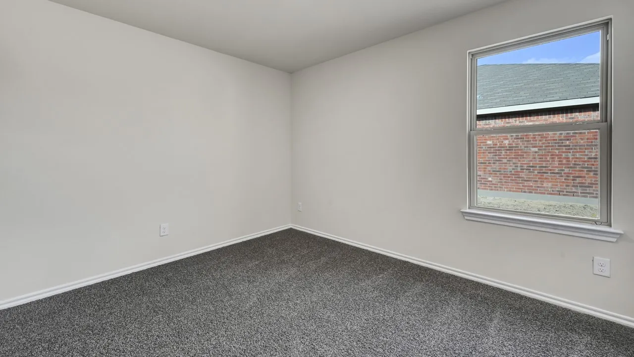 Neutral wall color, carpet flooring, and a single-pane window