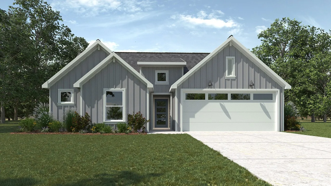 Board and batten siding, white-trimmed windows, a two-car garage with transom windows, and a concrete driveway