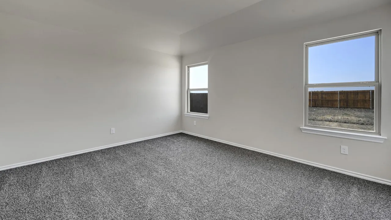 Neutral paint palette with gray textured carpeting and white trim