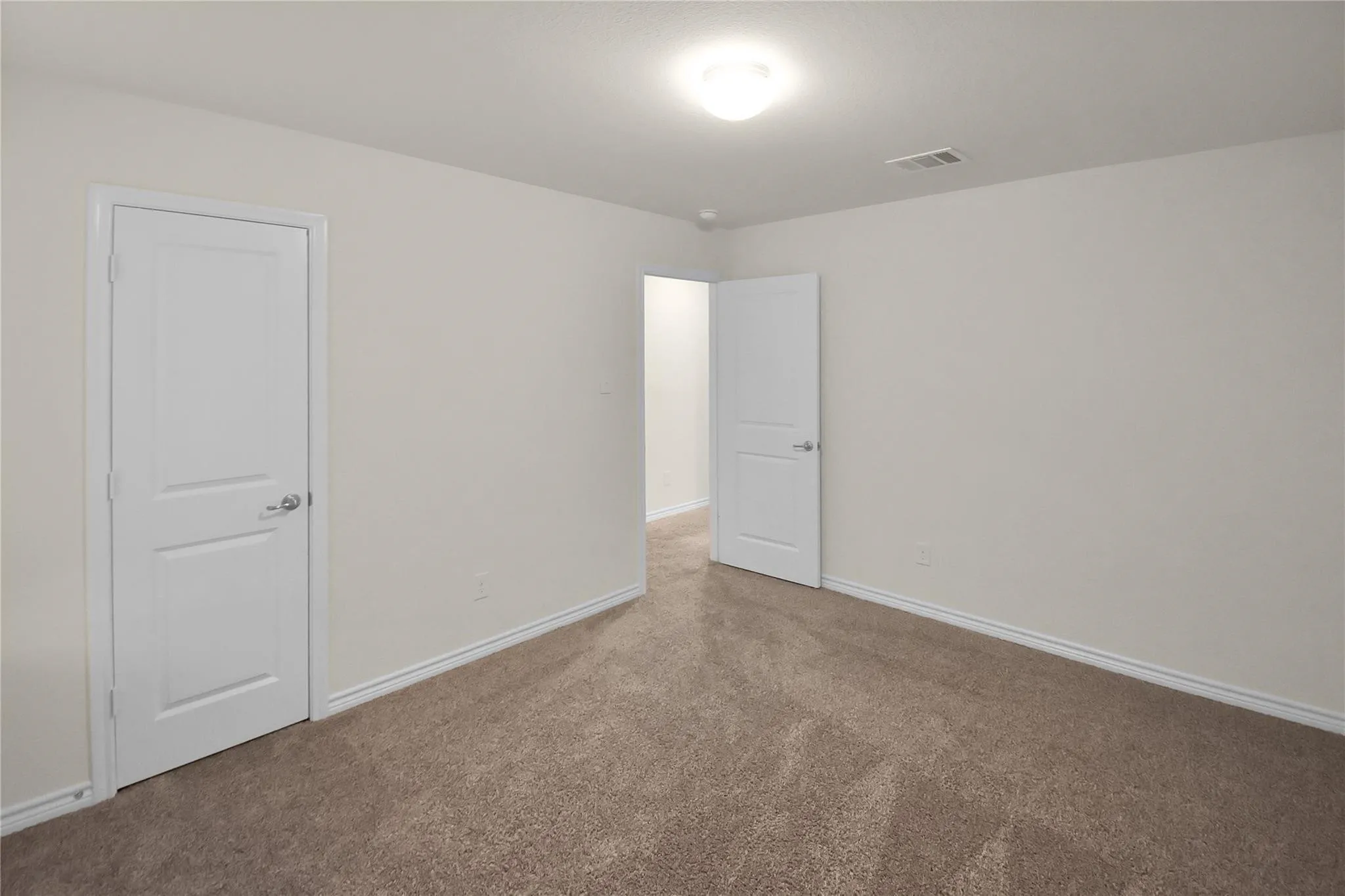 Neutral wall tones, plush carpeting, white interior doors, and a ceiling-mounted light fixture