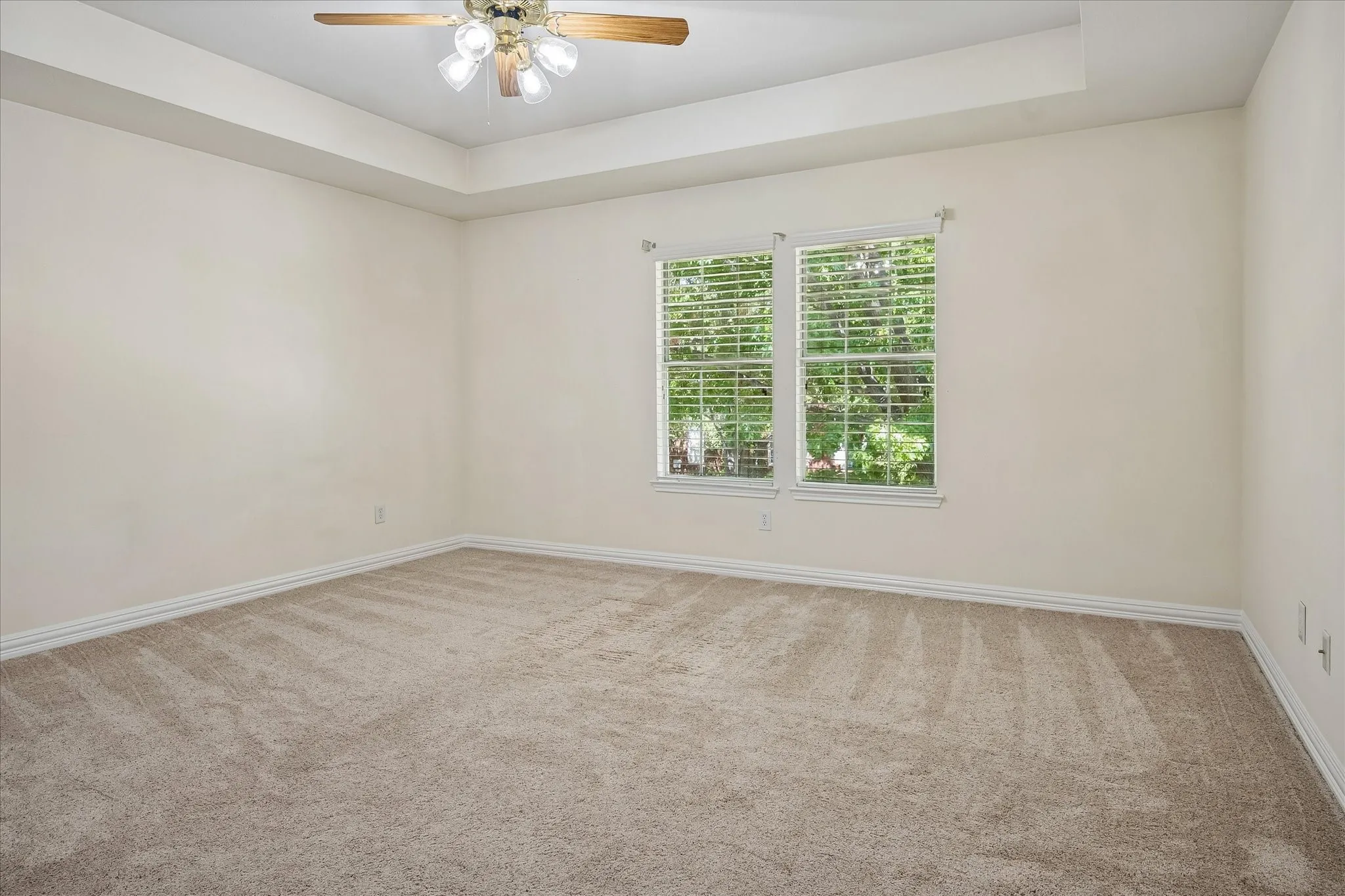Tray ceiling, ceiling fan with light fixture, neutral carpet, dual windows with blinds, and white trim