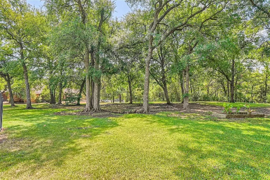 Expansive lawn bordered by mature trees and natural landscaping