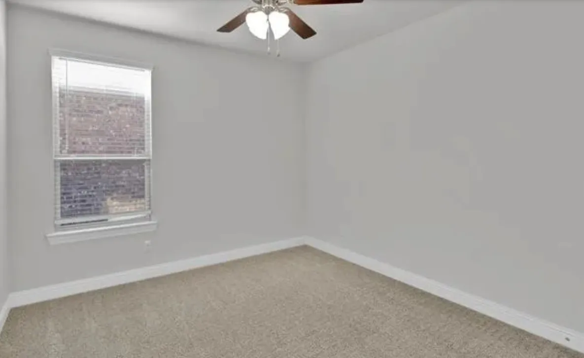 Neutral wall paint, carpeted flooring, window with blinds, and a ceiling fan