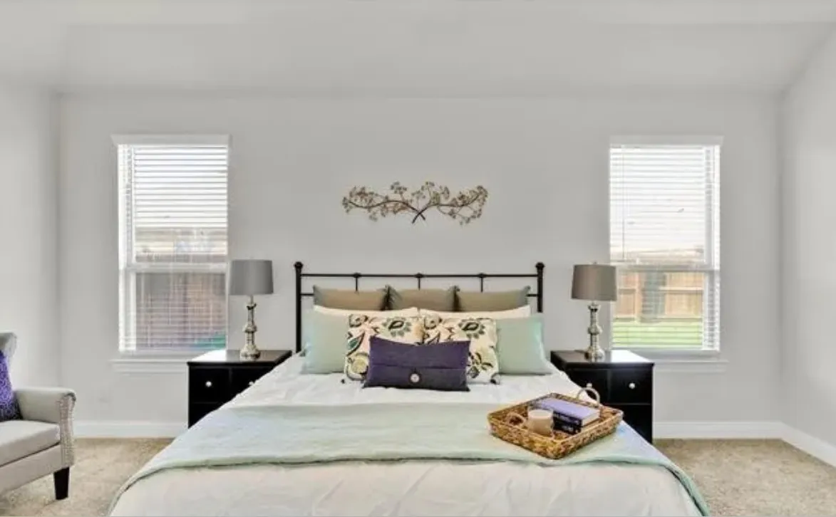 Neutral wall paint, two windows with blinds, and carpeted flooring