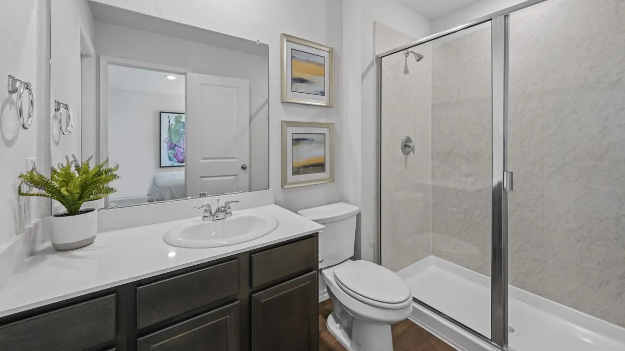 Vanity with integrated sink and chrome fixtures, frameless mirror, and walk-in shower with glass enclosure