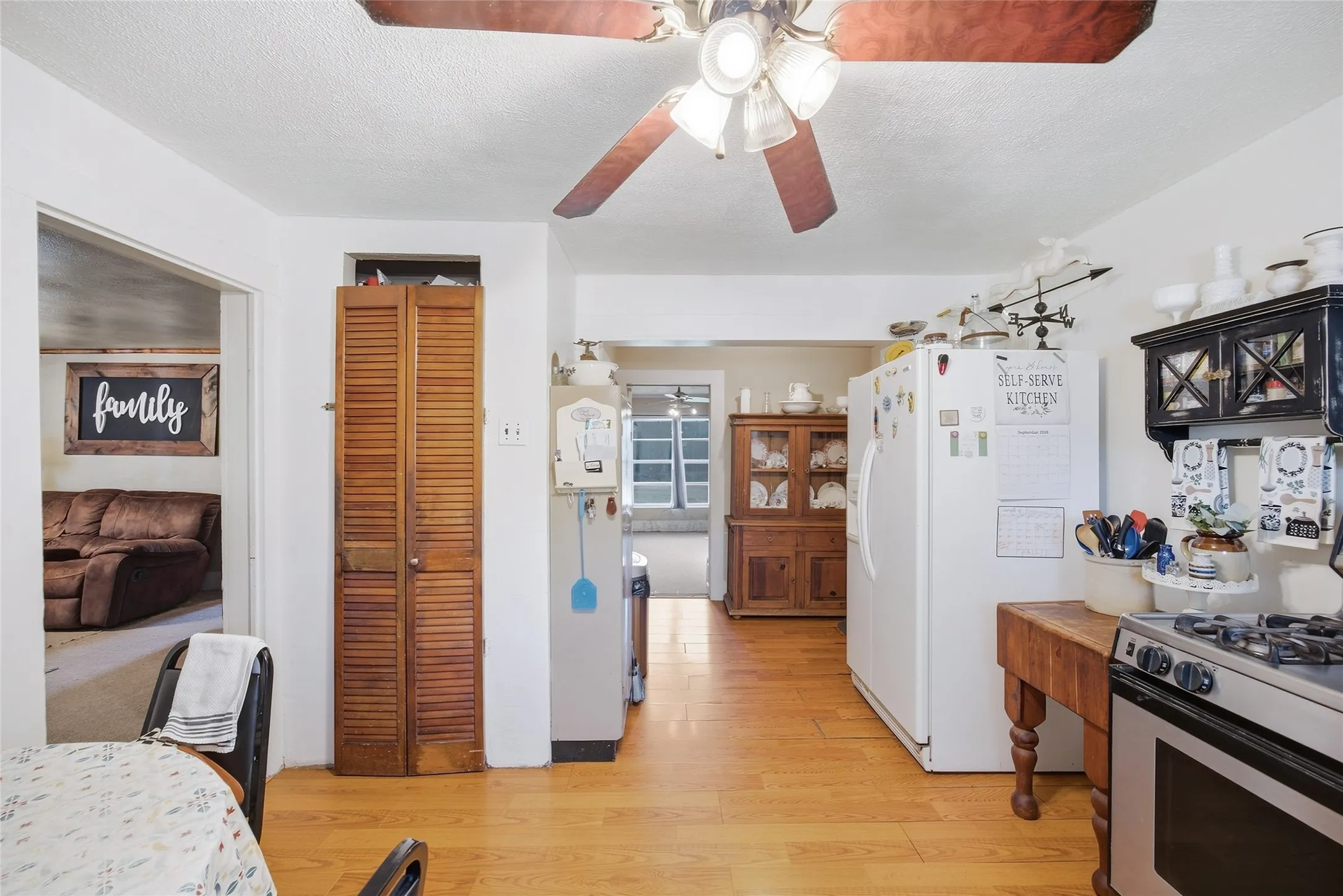 Wood-finish flooring throughout the kitchen